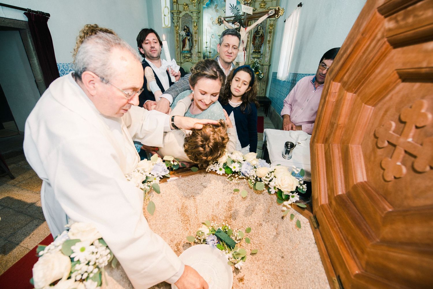 A series of wedding ceremony moments captured in a church with wooden pews and floral decorations.