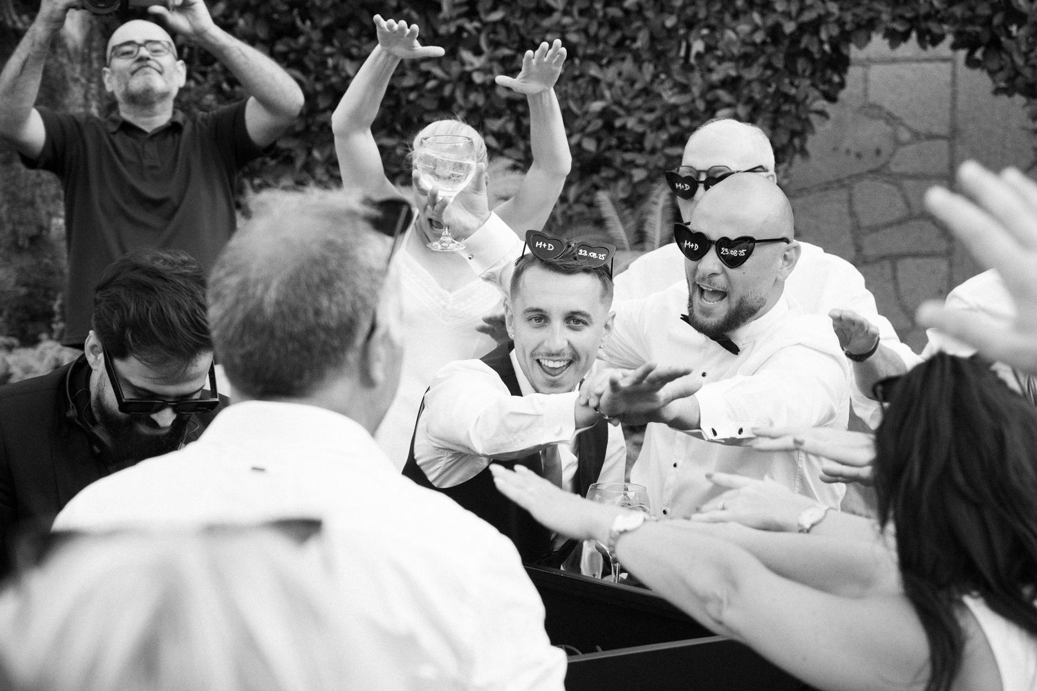 Black and white collage of baseball players celebrating victories and special moments at ballparks.