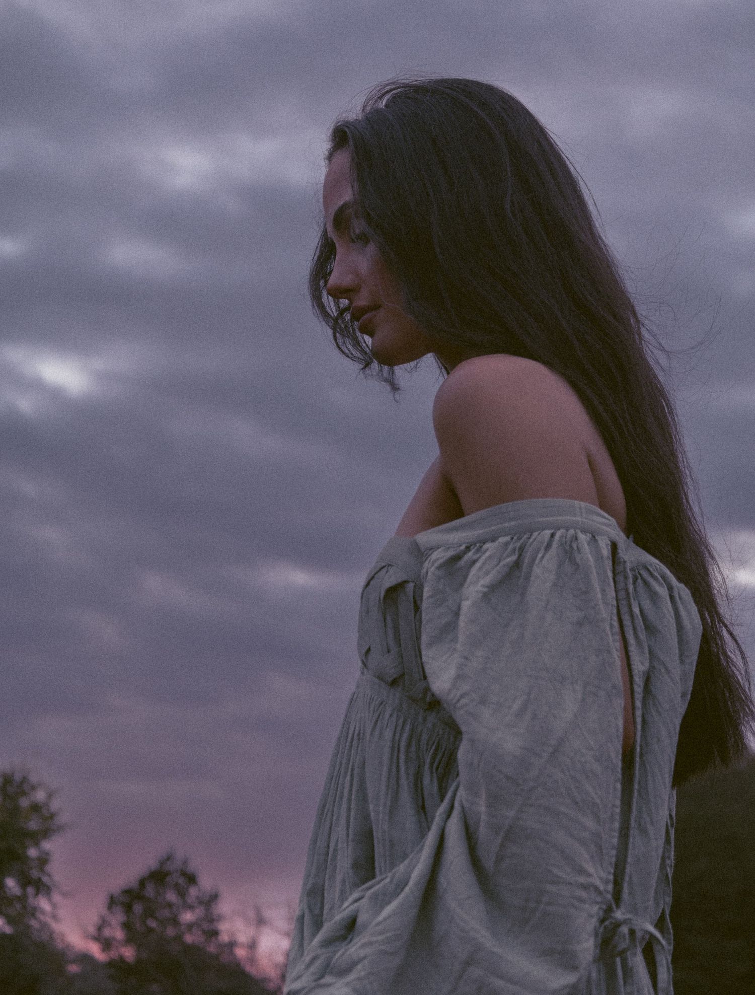 A dark-haired woman in an off-shoulder gray dress gazes down against a purple twilight sky.