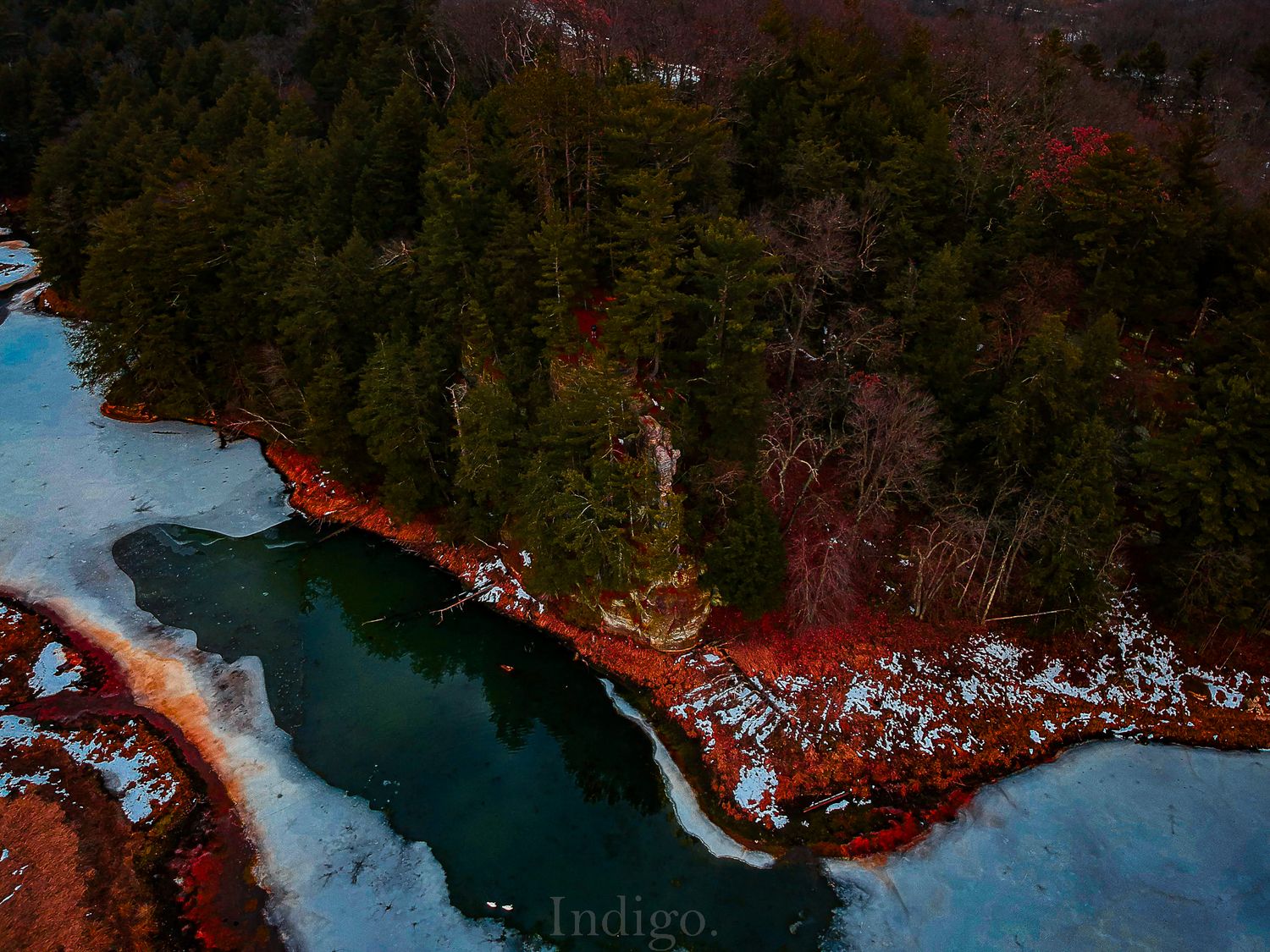 Aerial satellite view of a coastline with vibrant red and blue colors showing environmental or topographical data.