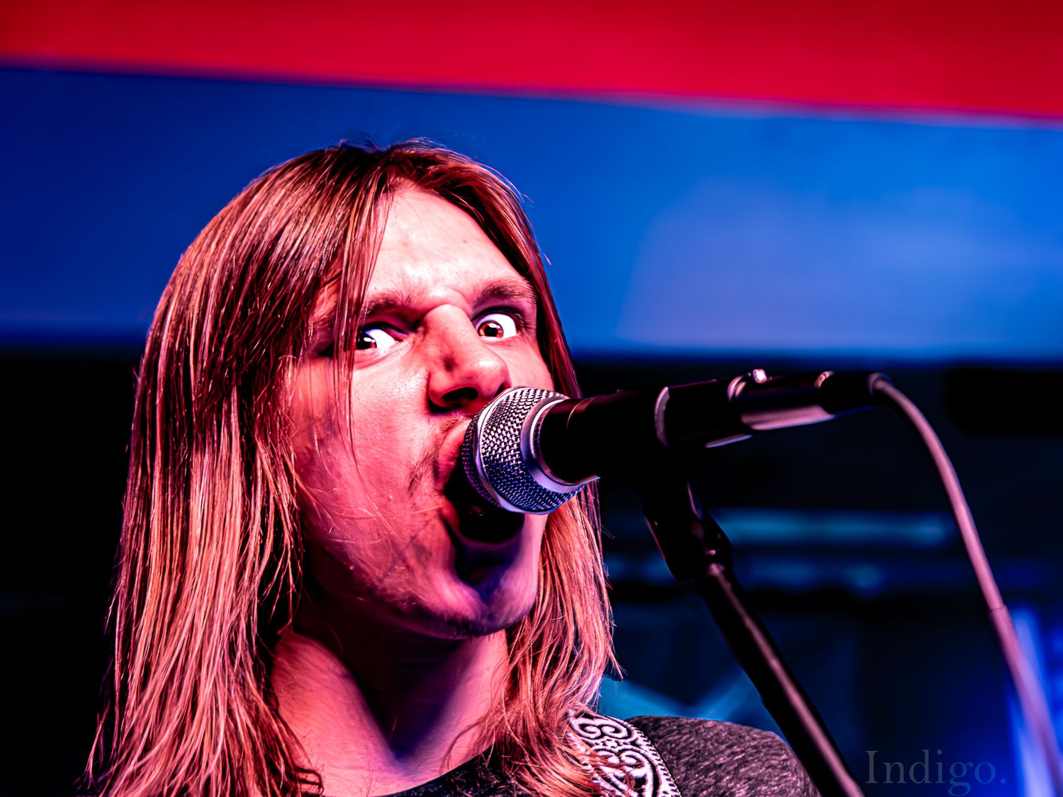 Rock singer with long hair performing on stage with dramatic red and blue lighting.