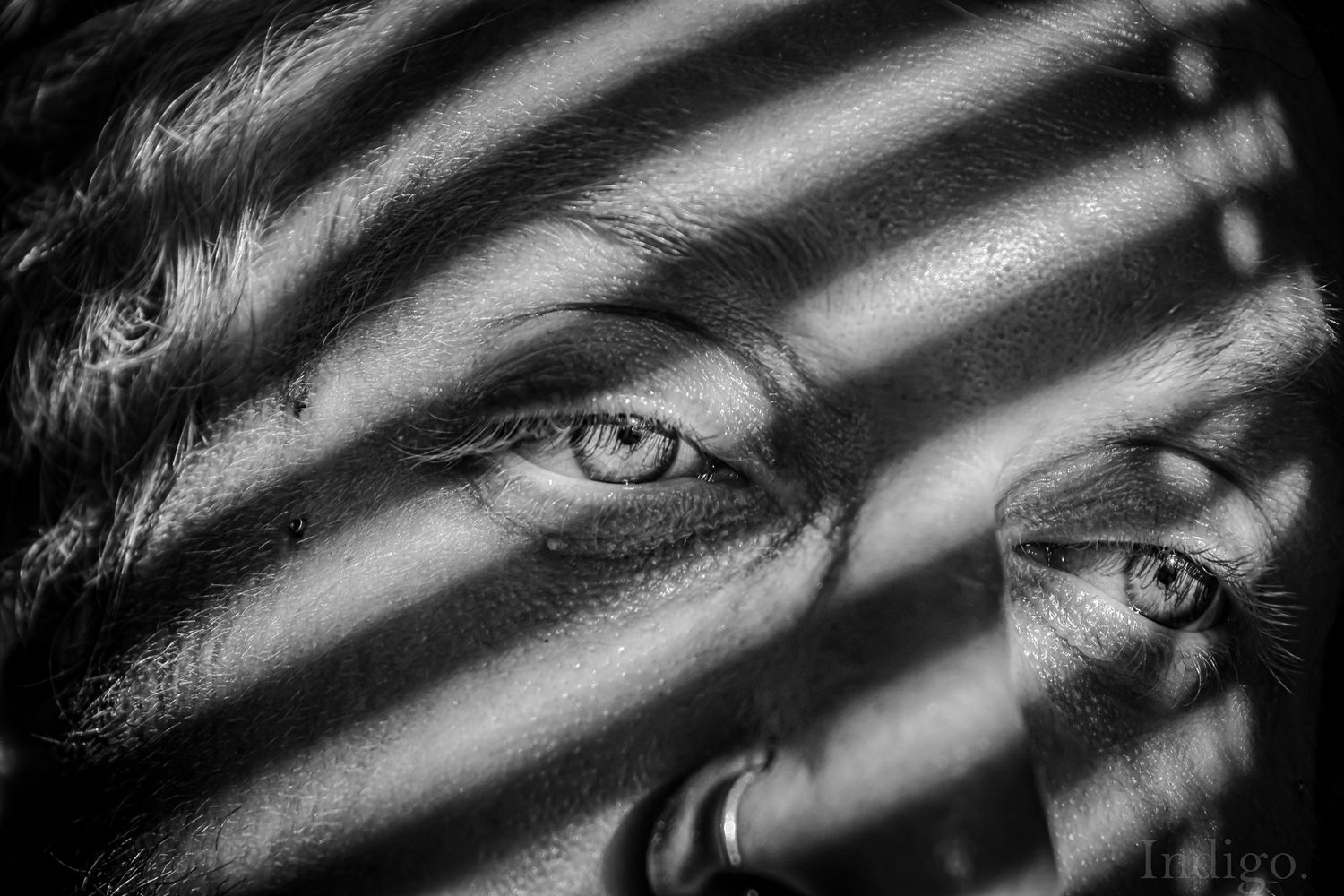 Dramatic black and white portrait with venetian blind shadows creating striking light patterns.