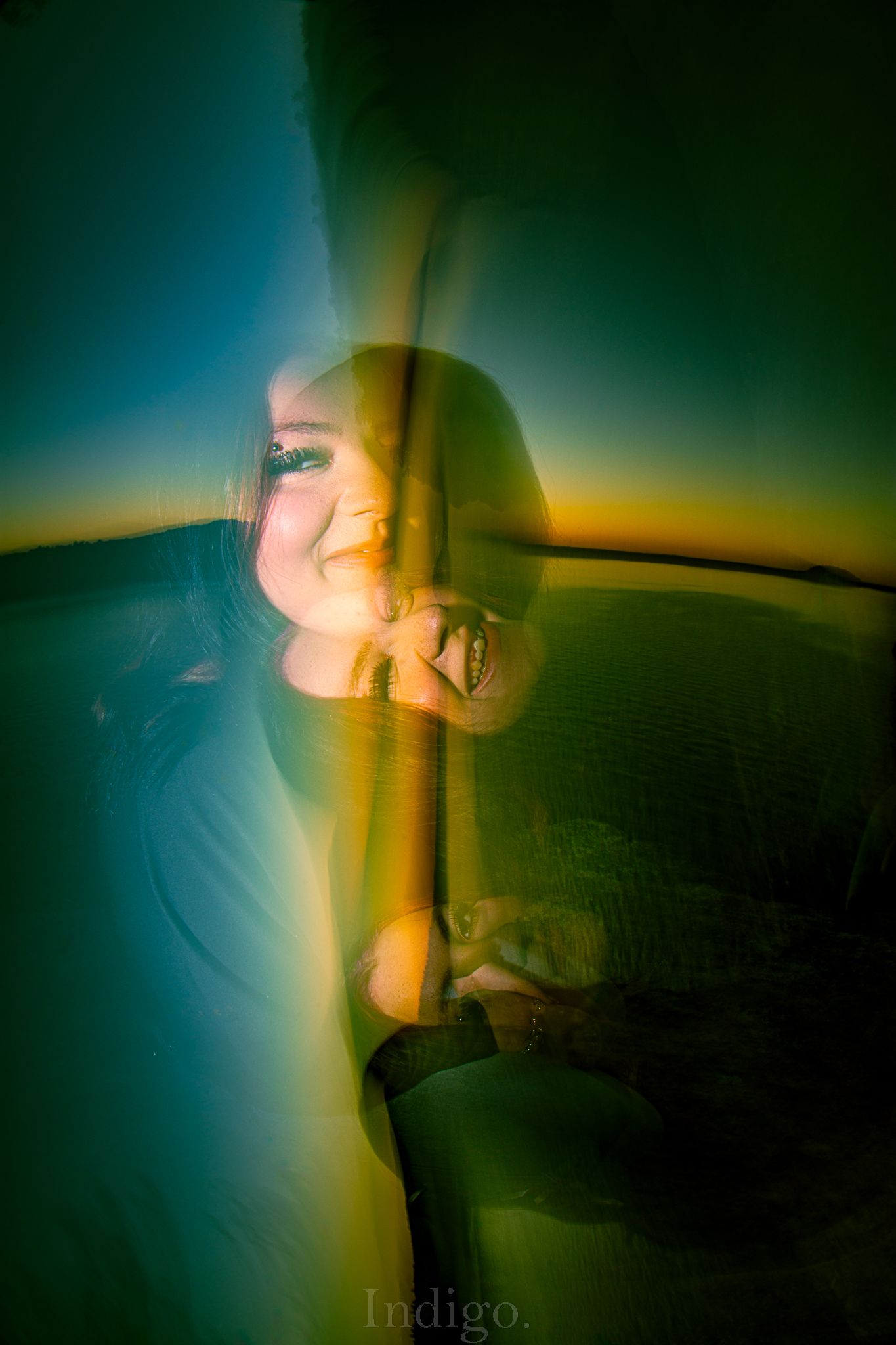 Abstract photography sequence showing motion blur and light trails in green and orange tones.