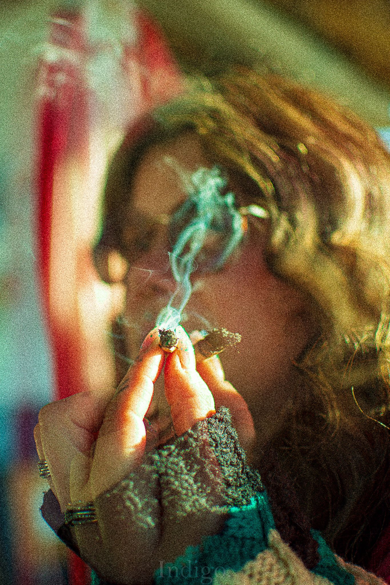 Artistic photo sequence with teal and red lighting showing smoke and atmospheric effects.