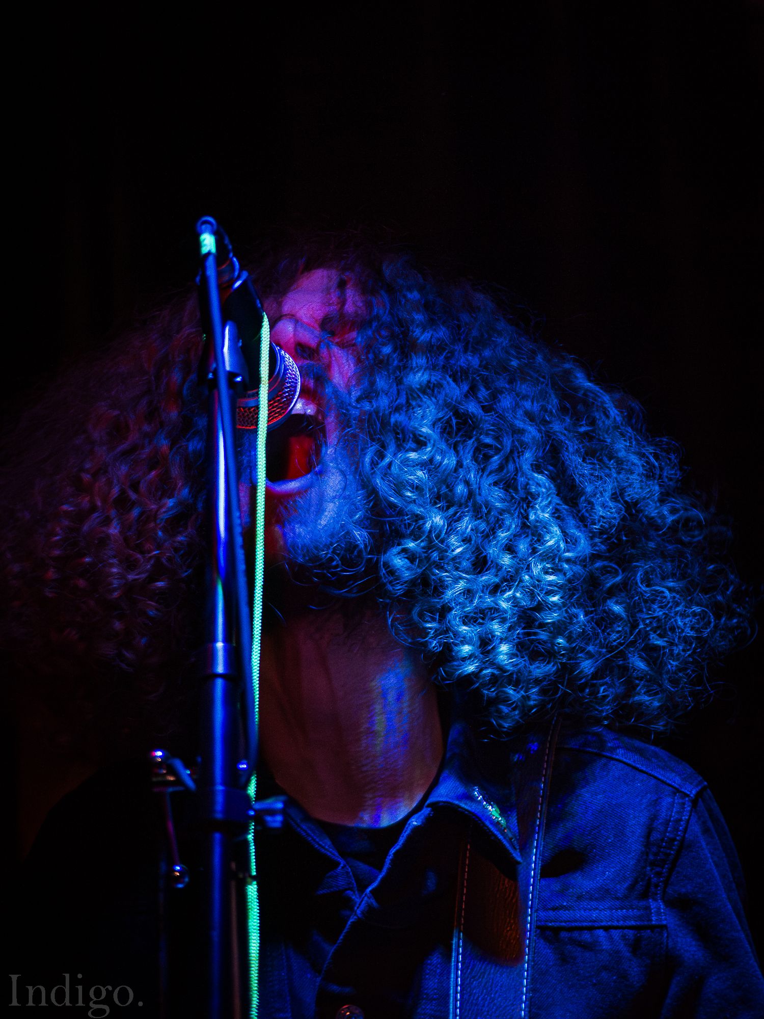Performer silhouetted in dramatic blue stage lighting during a concert.