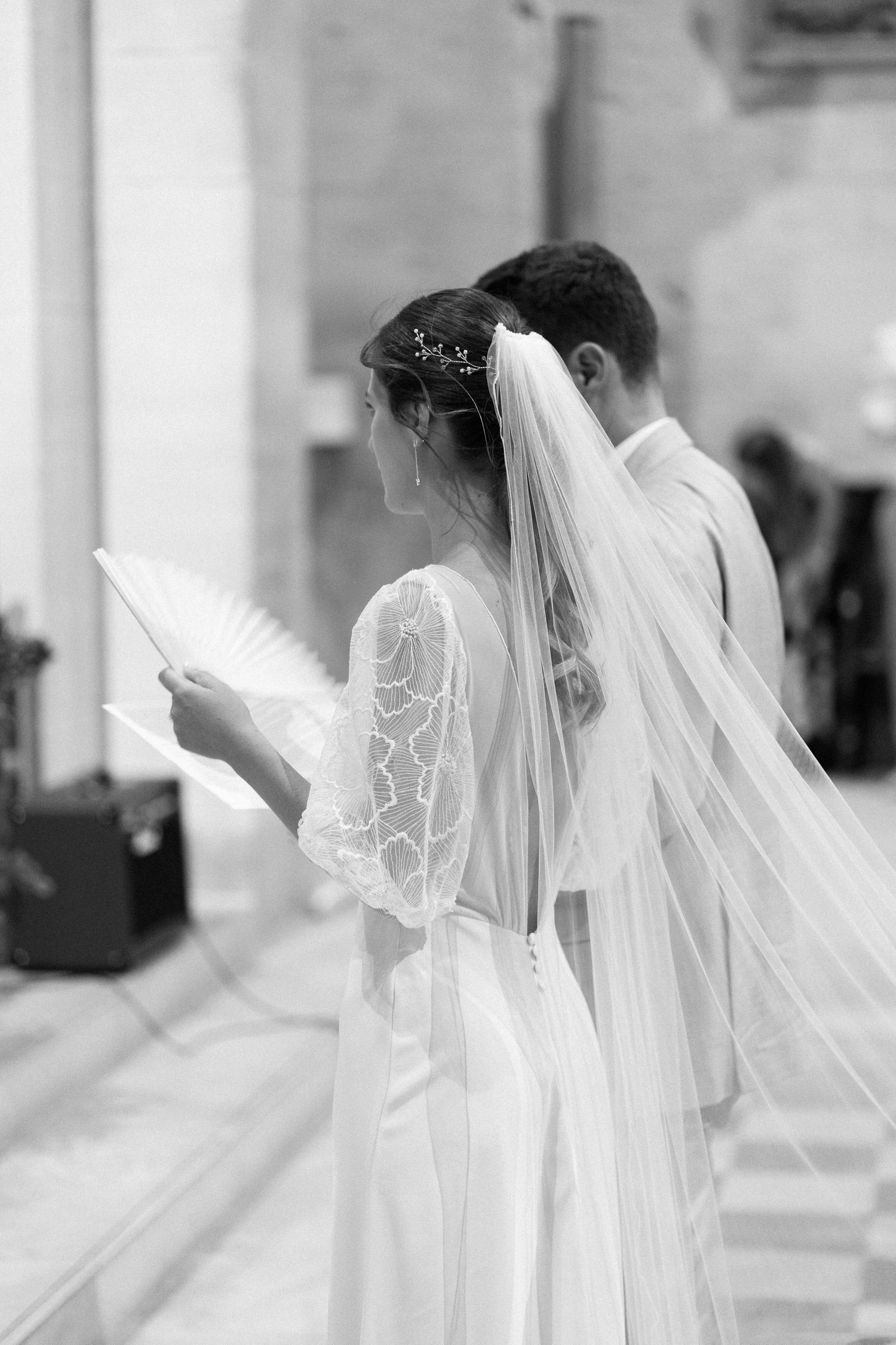 A sequence of ethereal bridal portraits showing a flowing white veil against a light background.