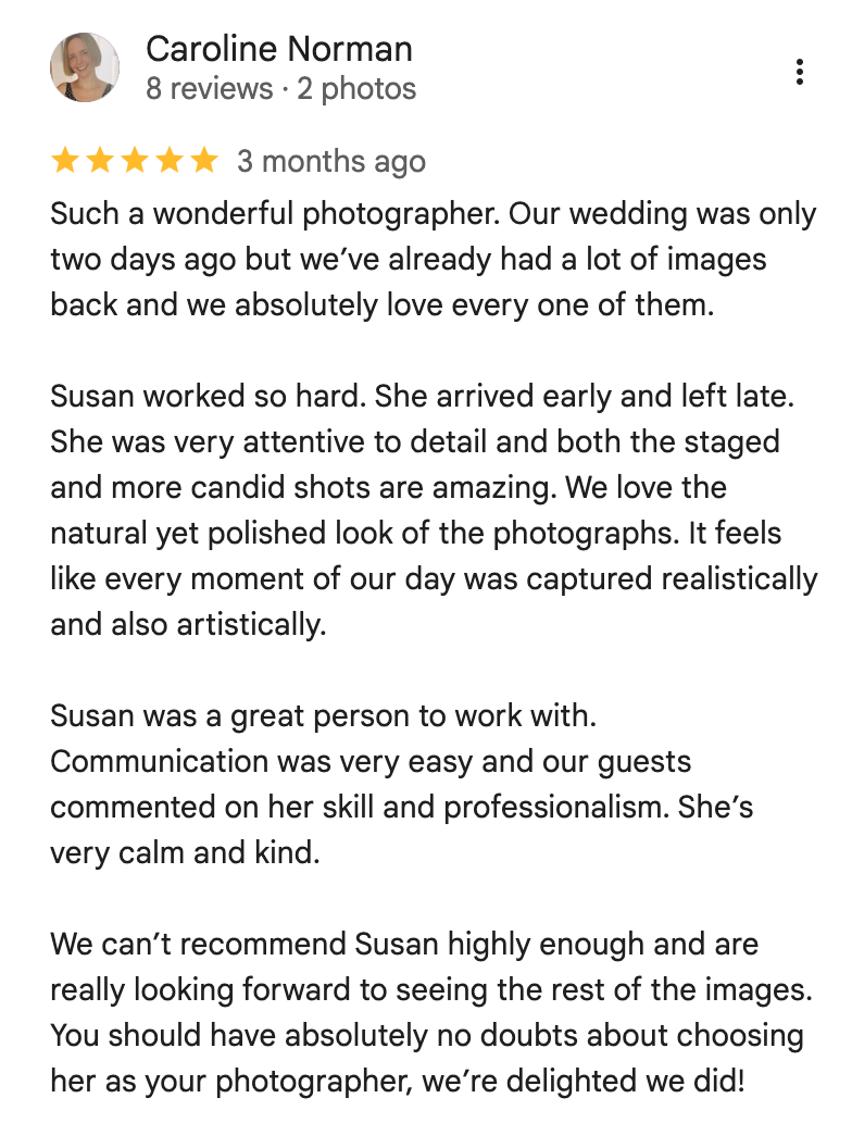 Five-star Google review praising wedding photographer Susan for professionalism, candid shots, and timely image delivery.
