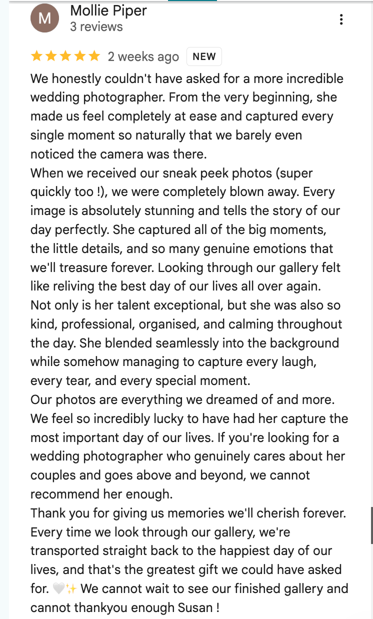 Five-star Google review from Mollie Piper praising wedding photographer Susan for exceptional skill and heartfelt service.