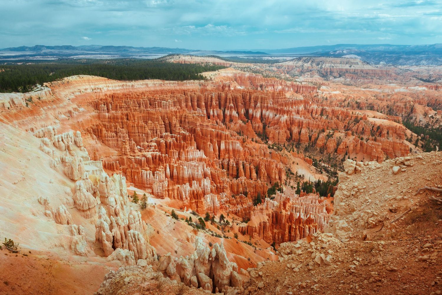 Landschapsfoto van Bryce Canyon National Park met rode hoodoos, rotsformaties en uitgestrekt uitzicht onder heldere lucht.