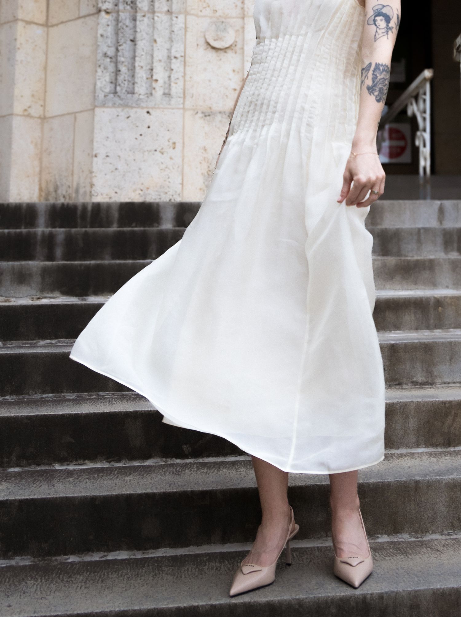 Bride's details on limestone stairs in Austin Texas
