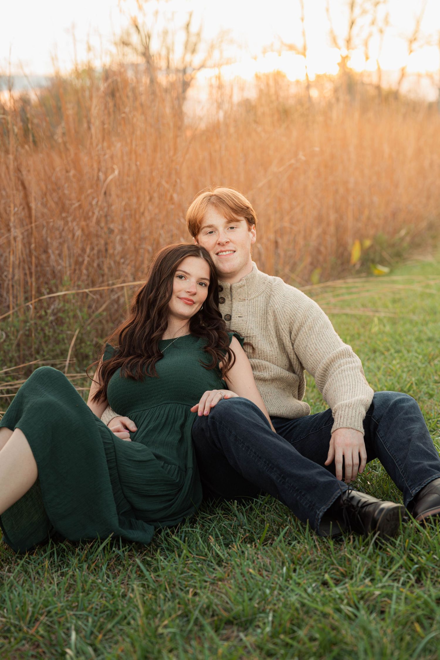 A couple in mid-fall getting engagement photos done