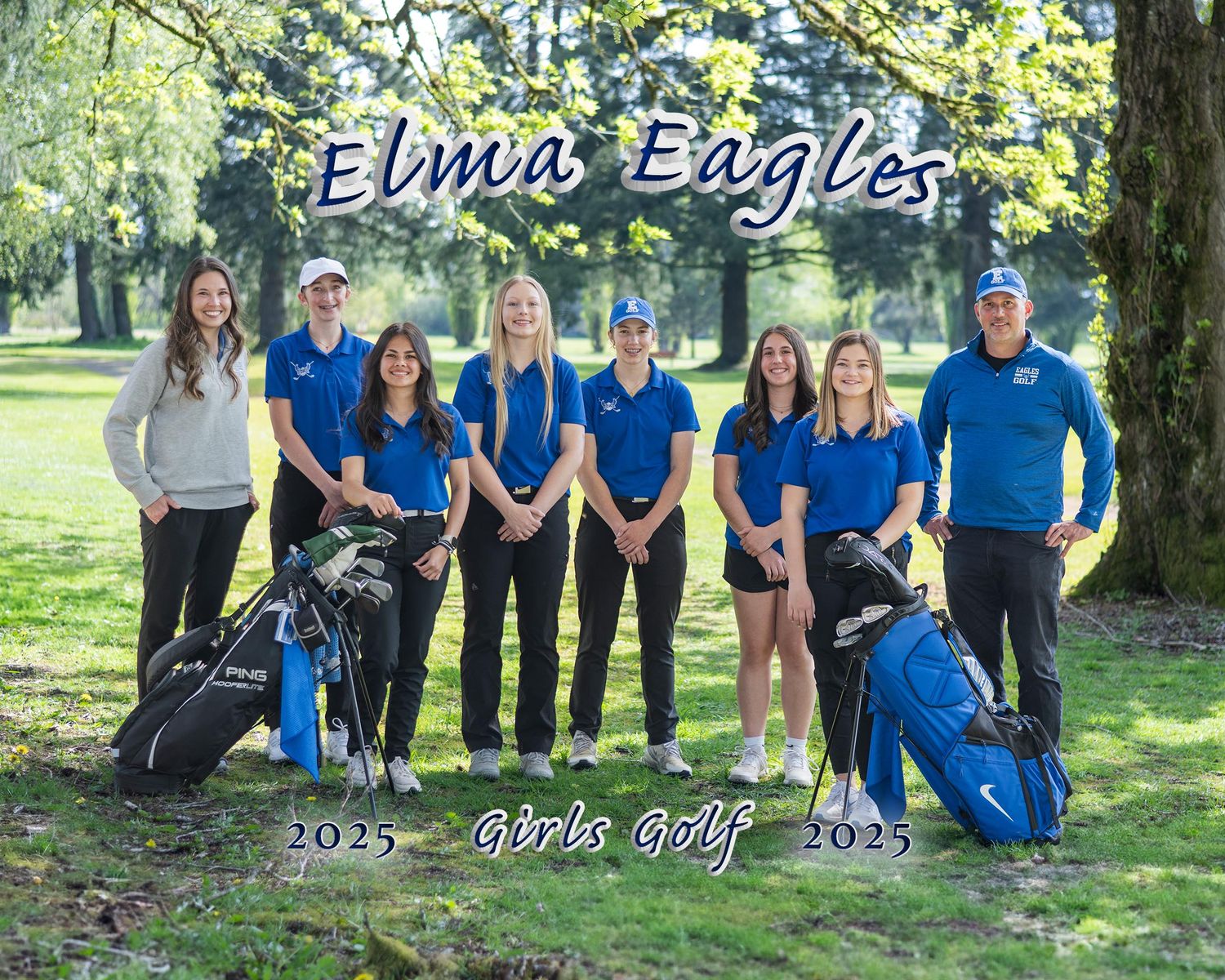 Girls golf team poses outdoors in blue uniforms with golf bags for their 2025 season team photo.