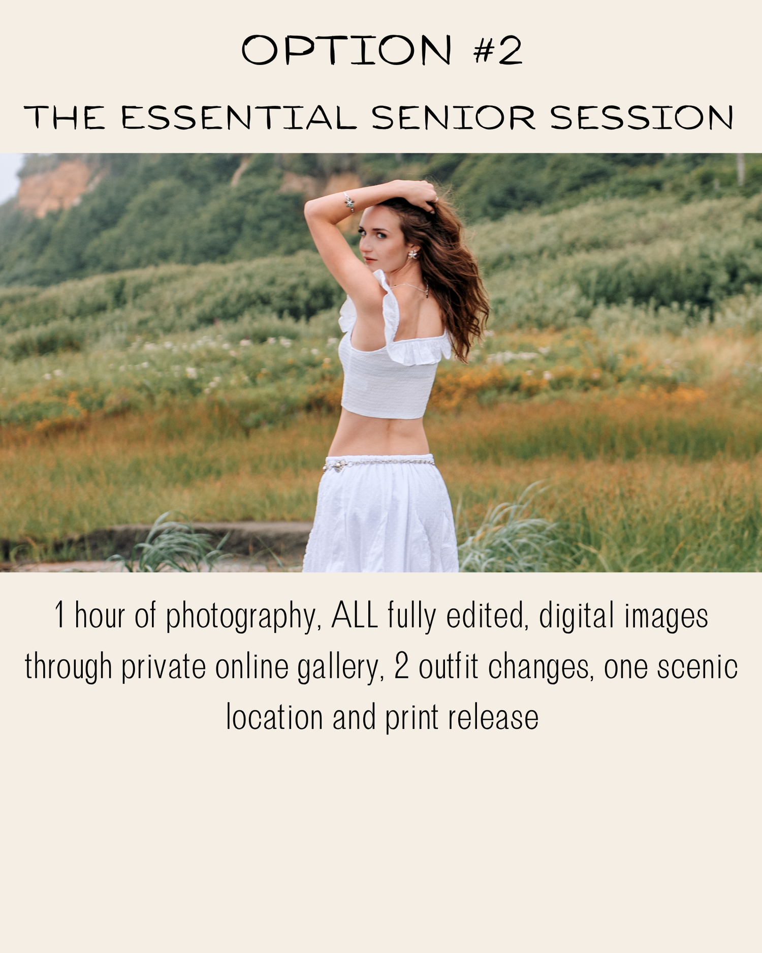Senior portrait session option 2 featuring a young woman in white outfit posing in scenic outdoor field location.