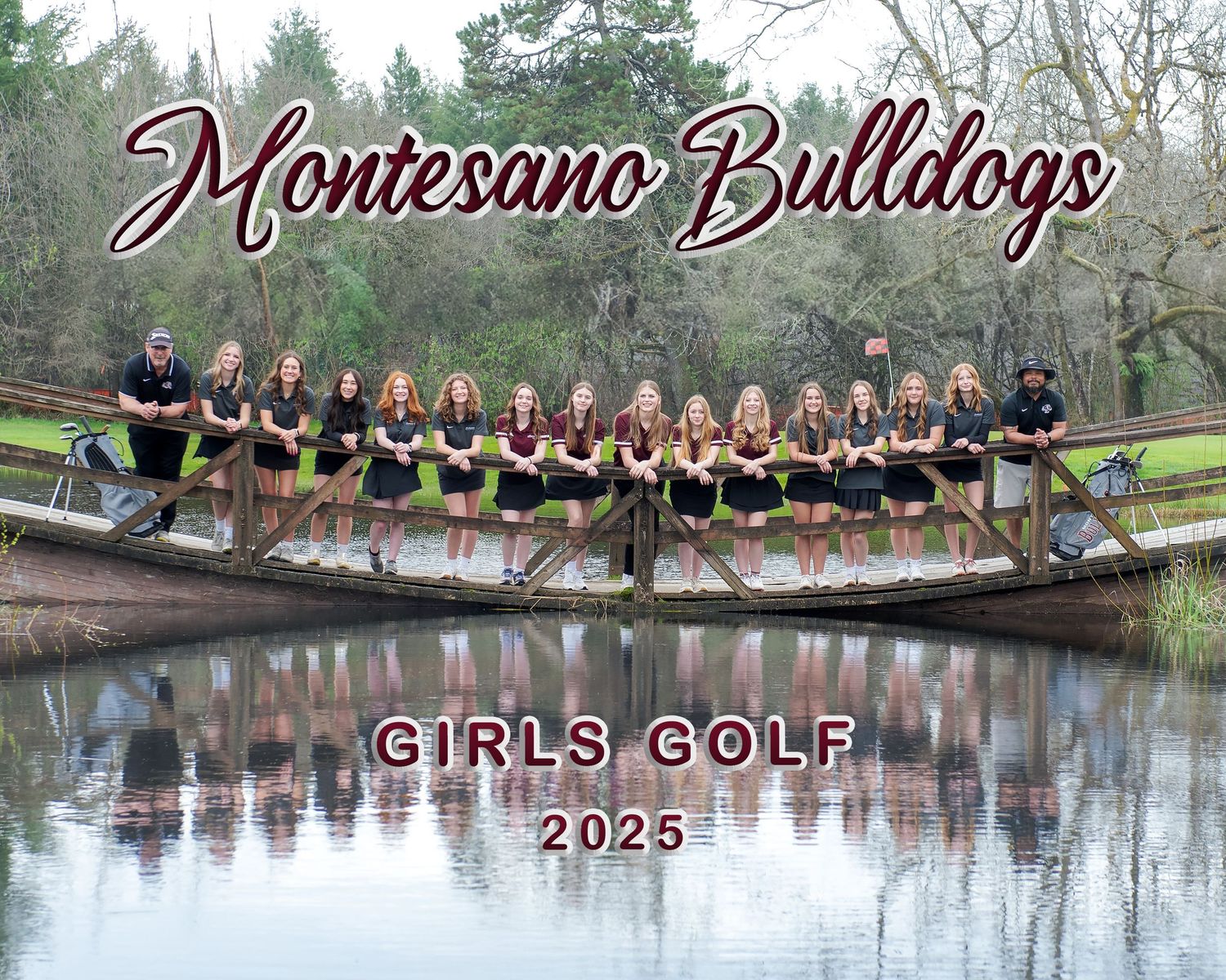 Girls golf team members pose on wooden bridge for 2025 Montesano Bulldogs team photo.