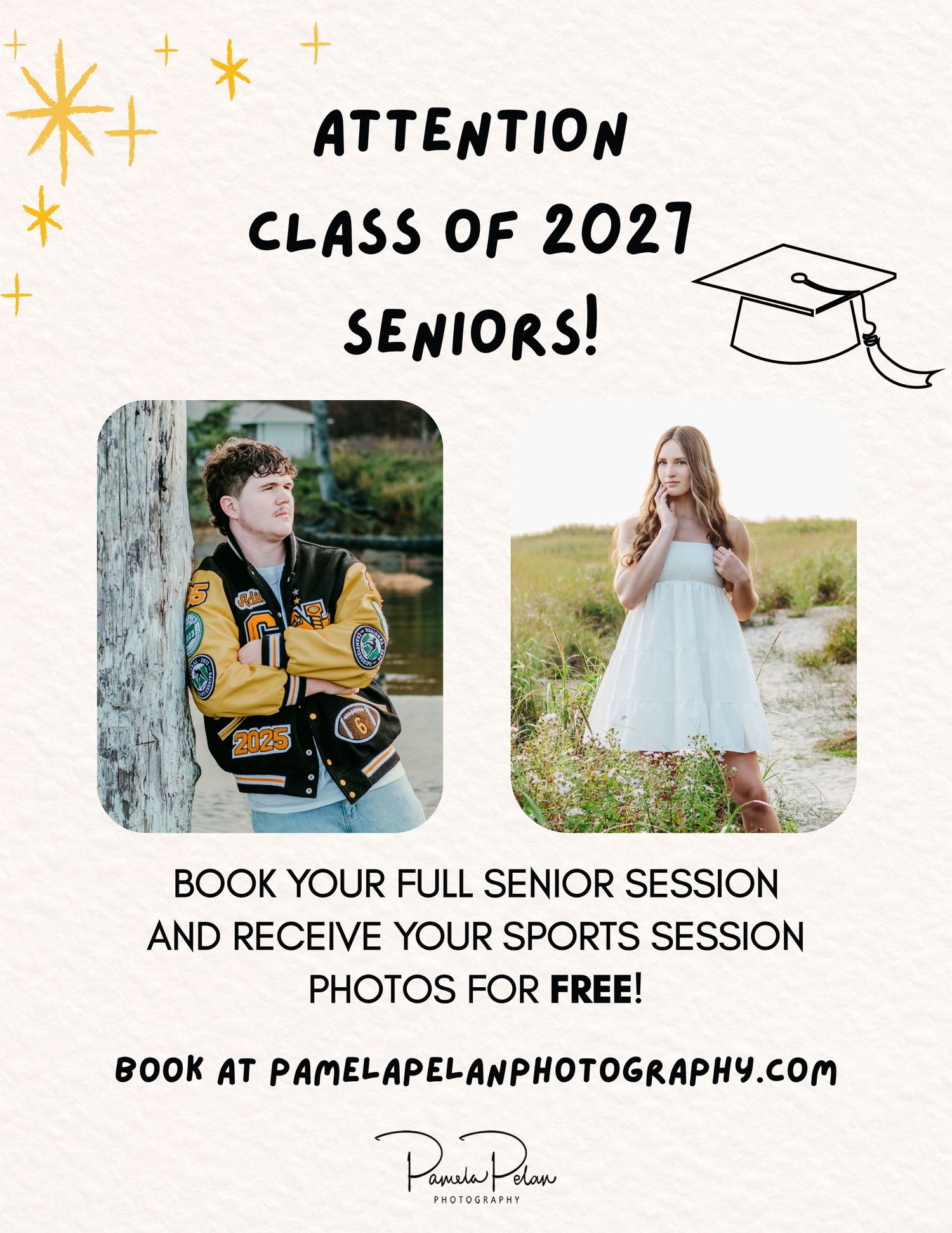 Promotional flyer for Class of 2027 seniors offering free sports session photos when booking a full senior photography session.