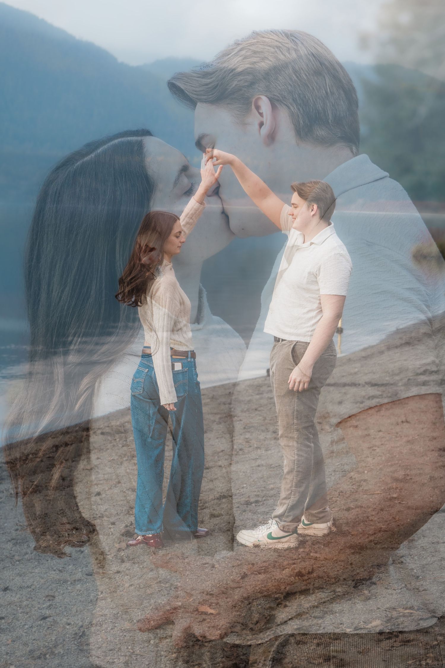 Double exposure photo of a couple dancing outdoors blended with a romantic close-up kiss scene near a mountain lake.