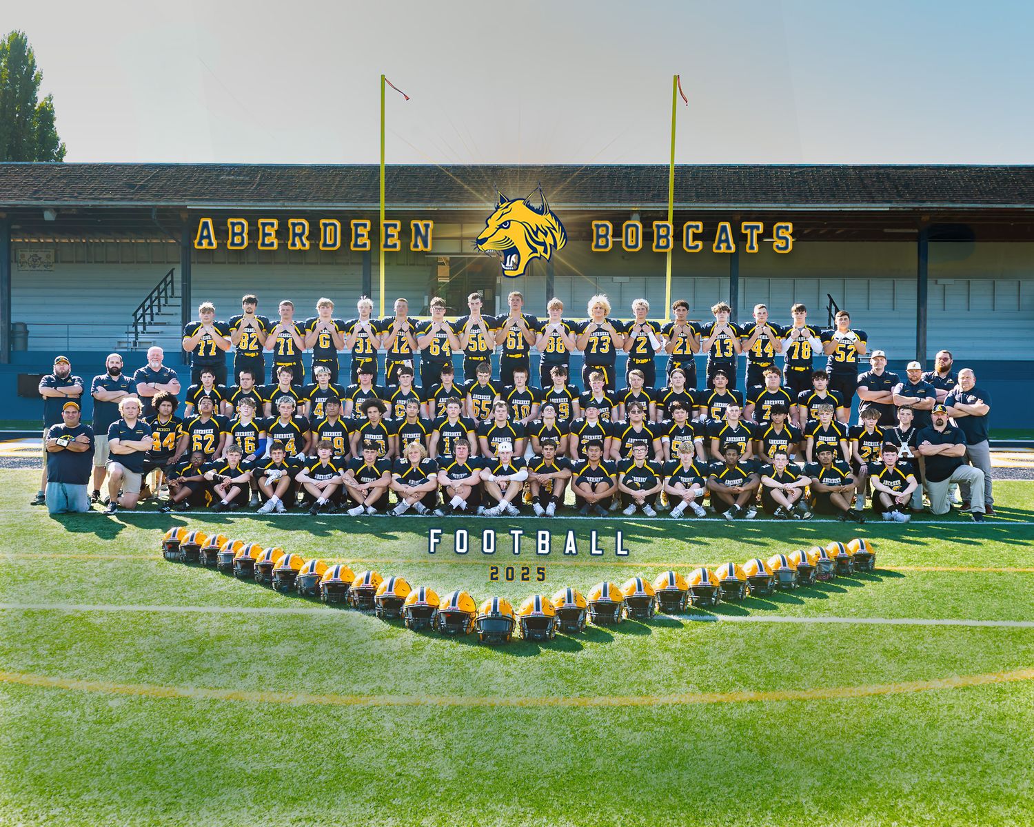 Aberdeen Bobcats football team panoramic photo on field with players in uniform formation.