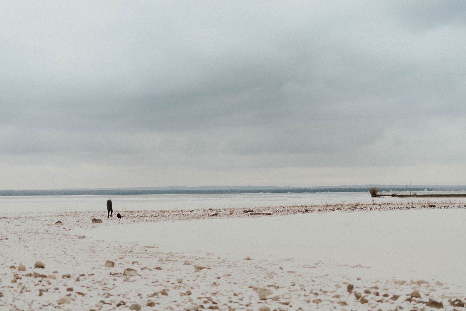 A minimalist beach landscape with distant figures walking on sandy shores under cloudy skies.