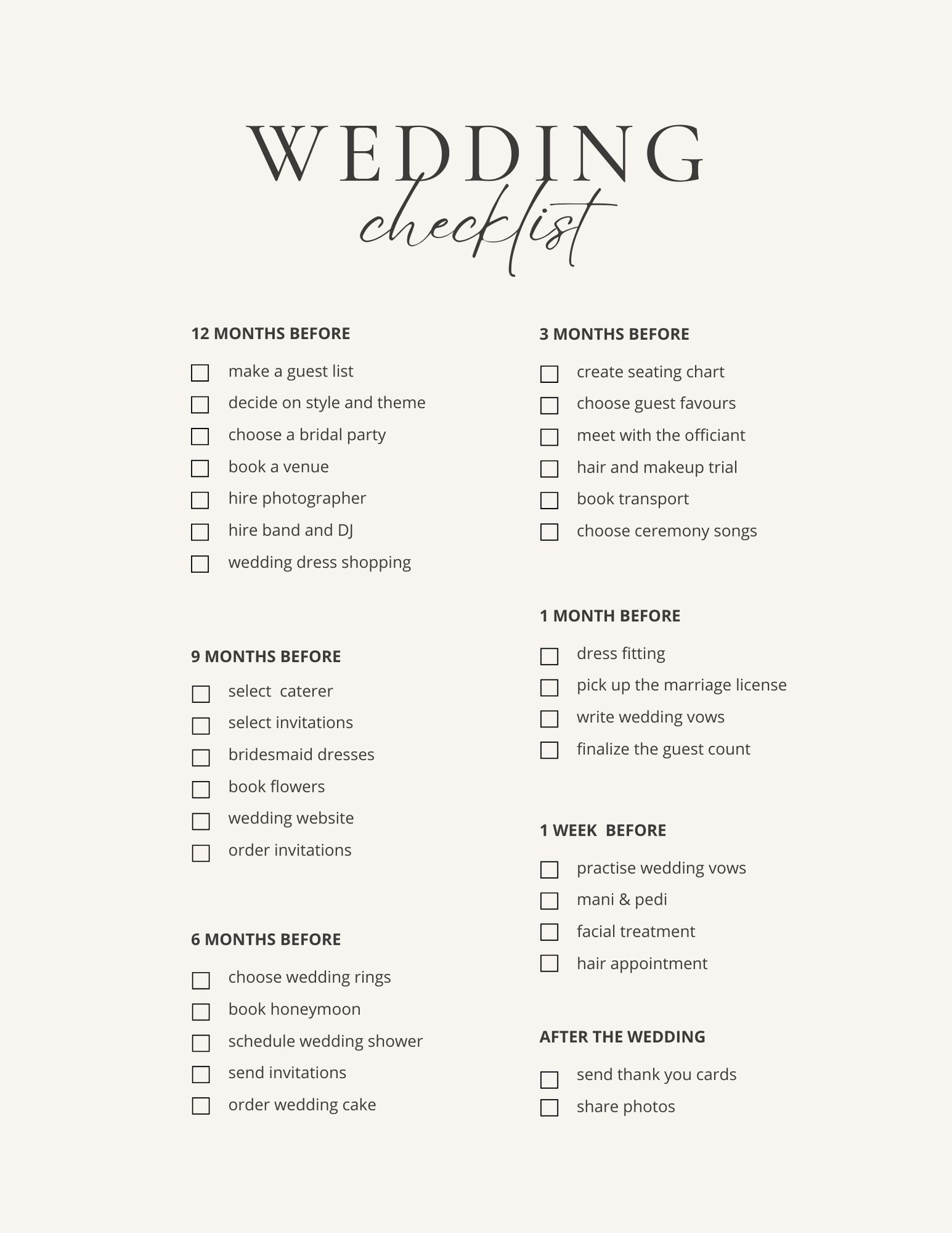 A minimal wedding planning checklist template with sections divided by months showing tasks to complete before the big day.