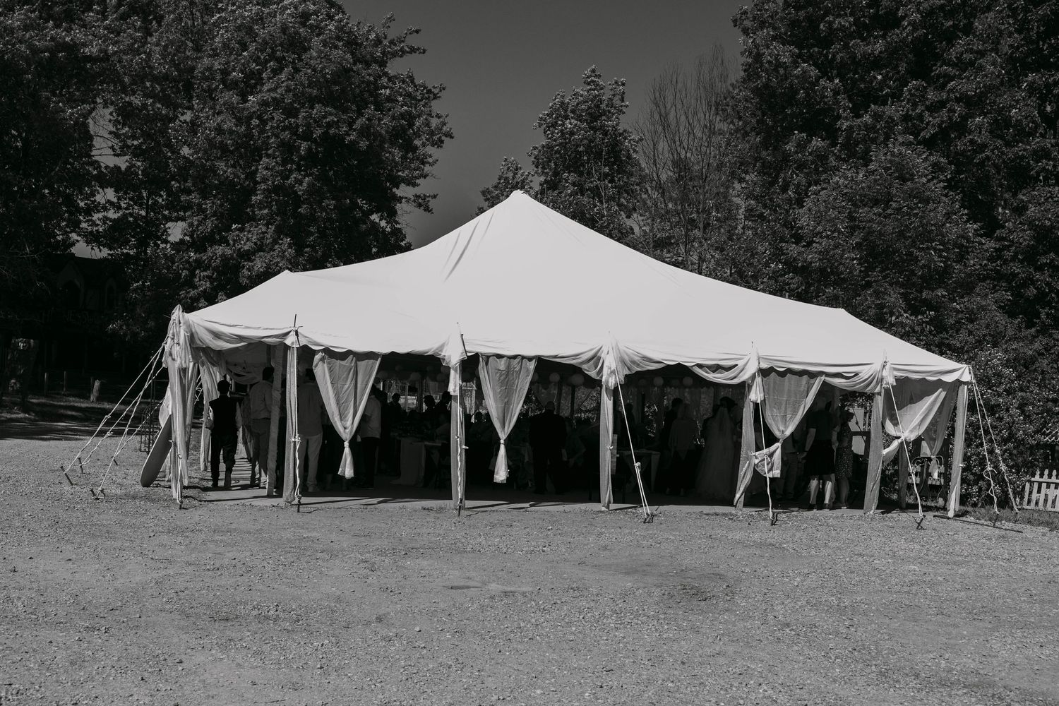 Black and white photo of a large white wedding tent on a grassy lawn surrounded by trees.