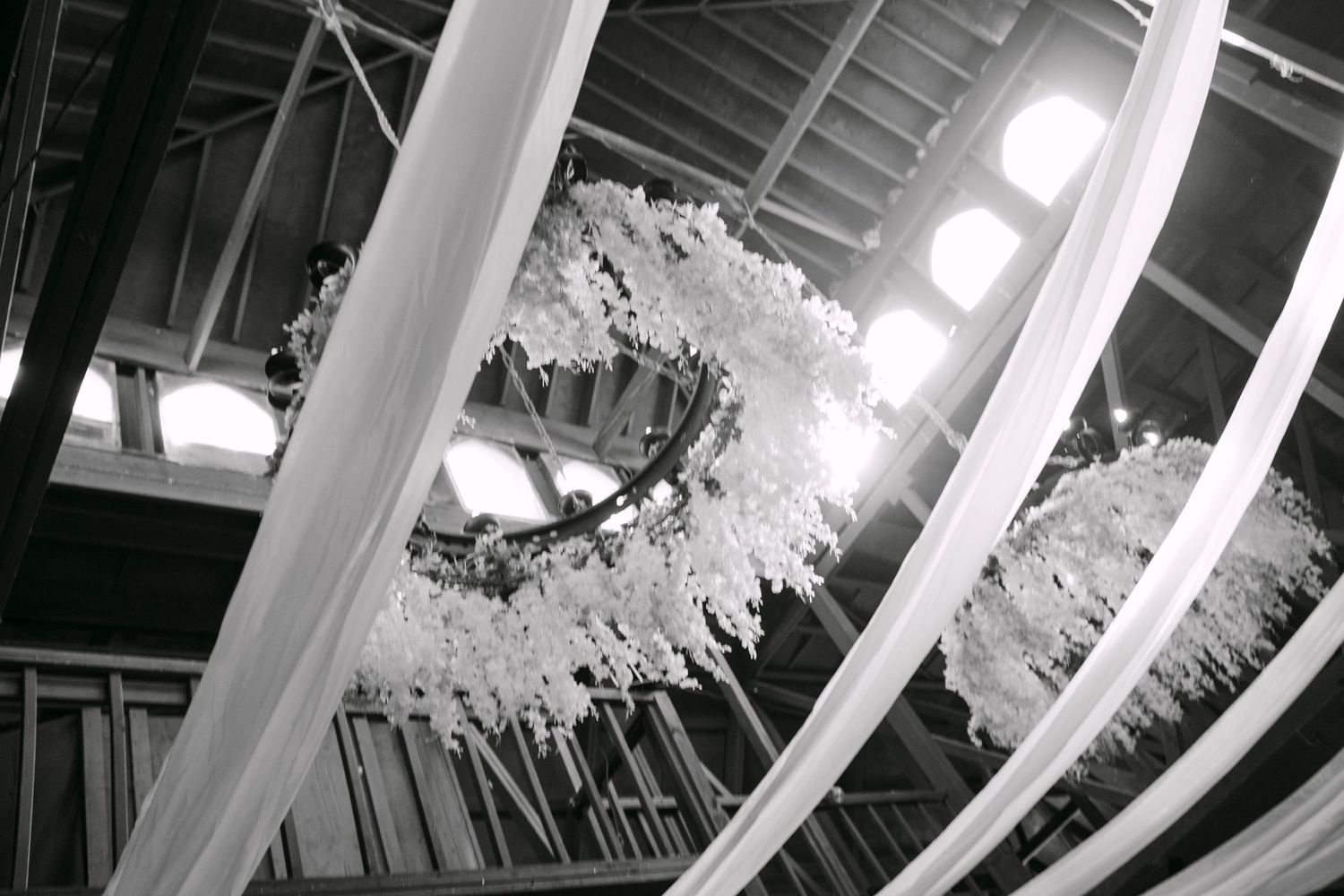 Black and white photo of elegant wedding venue ceiling with floral chandelier and flowing white fabric draping.