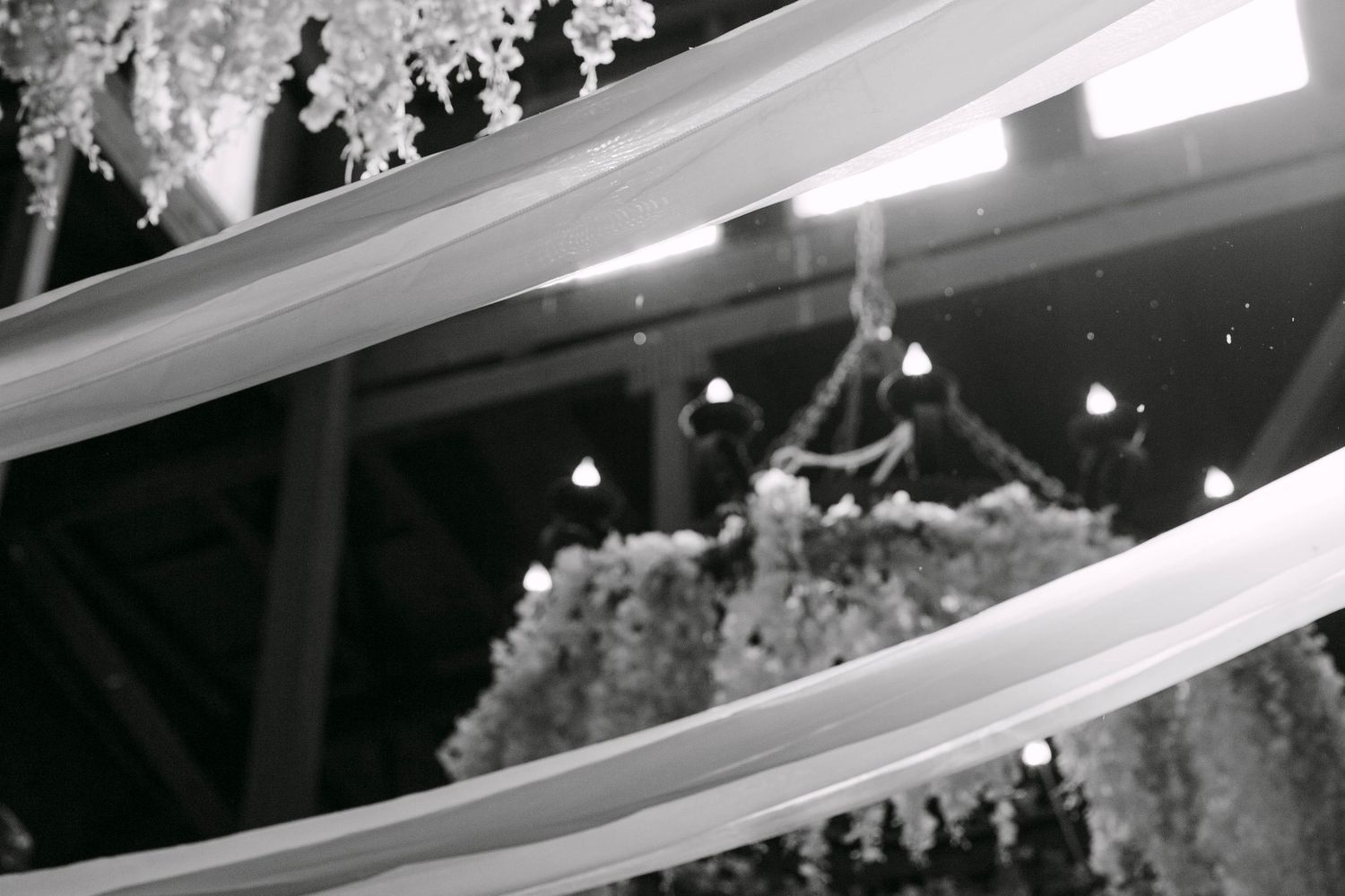 Black and white photo of elegant wedding venue ceiling with draped fabric, chandeliers, and floral decorations.
