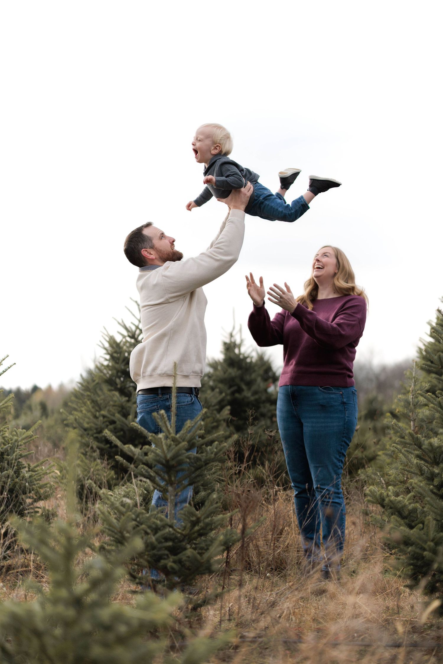 A joyful family at a Christmas tree farm, with dad lifting laughing baby in the air while mom claps with delight.