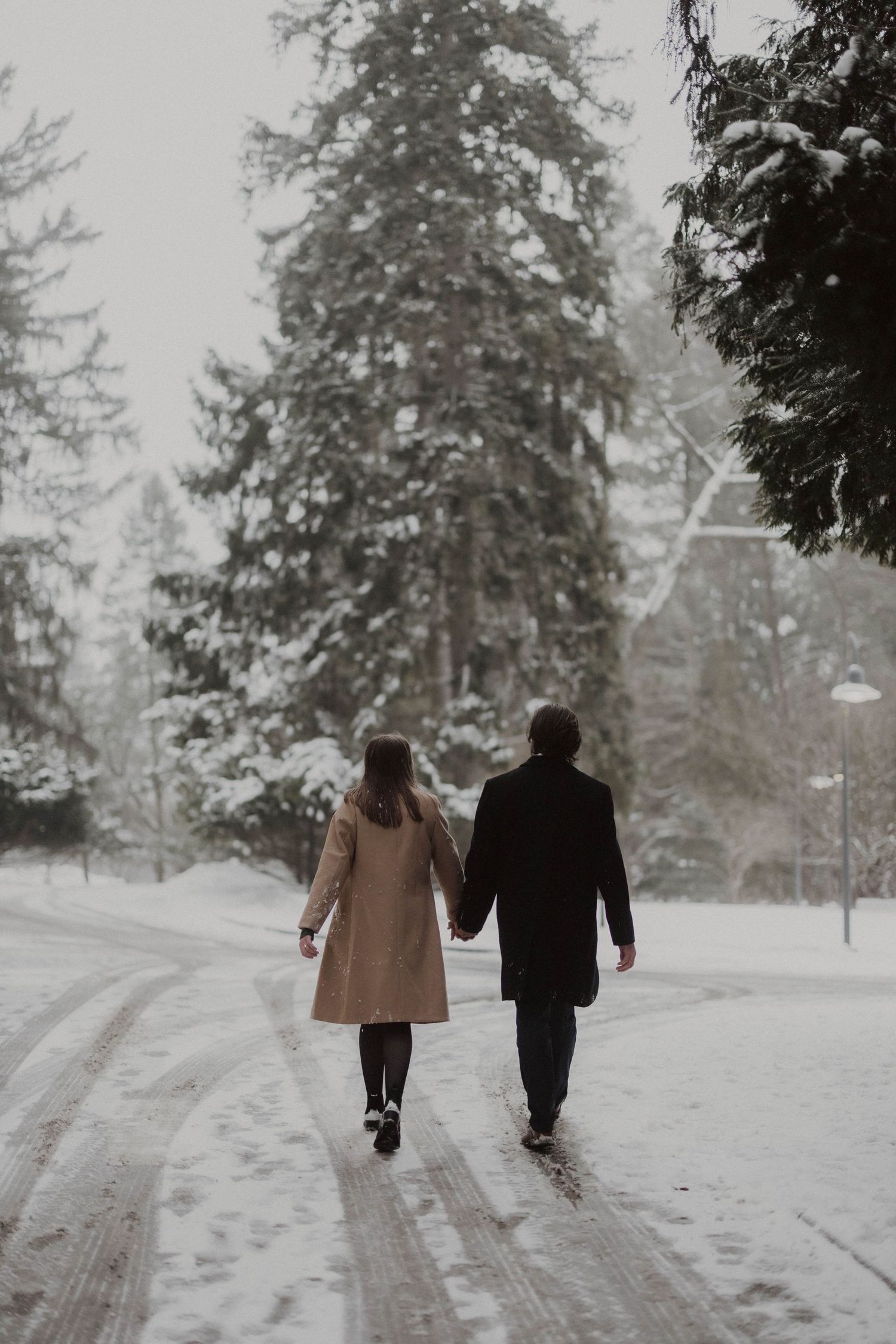 Couple holding hands walking on a snowy path surrounded by tall snow-covered evergreen trees in winter.