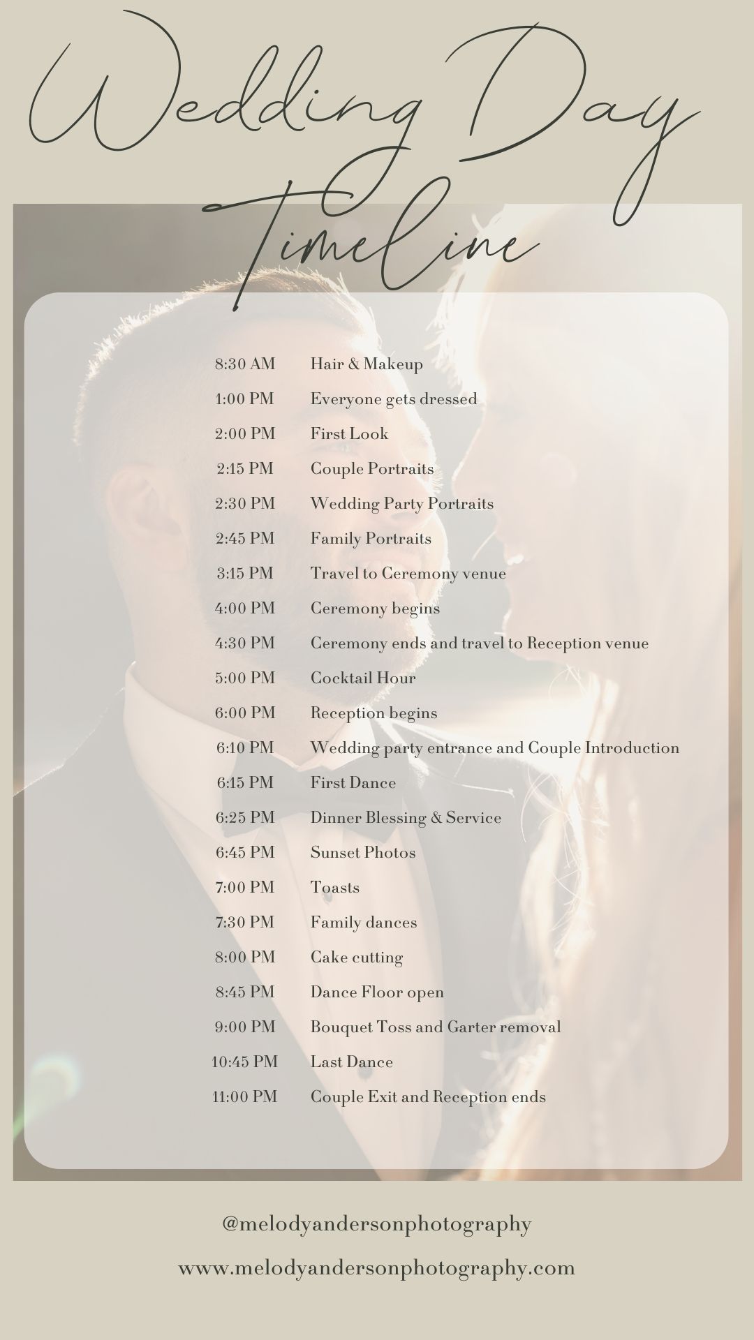 Elegant wedding day timeline schedule with delicate calligraphy showing event details and photographer information.