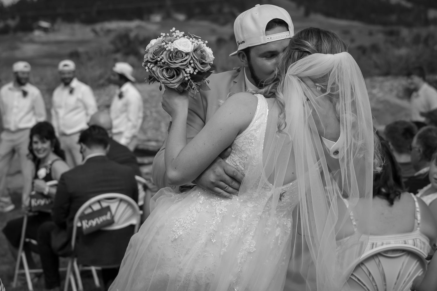 Wedding celebration photos showing guests enjoying an outdoor reception.