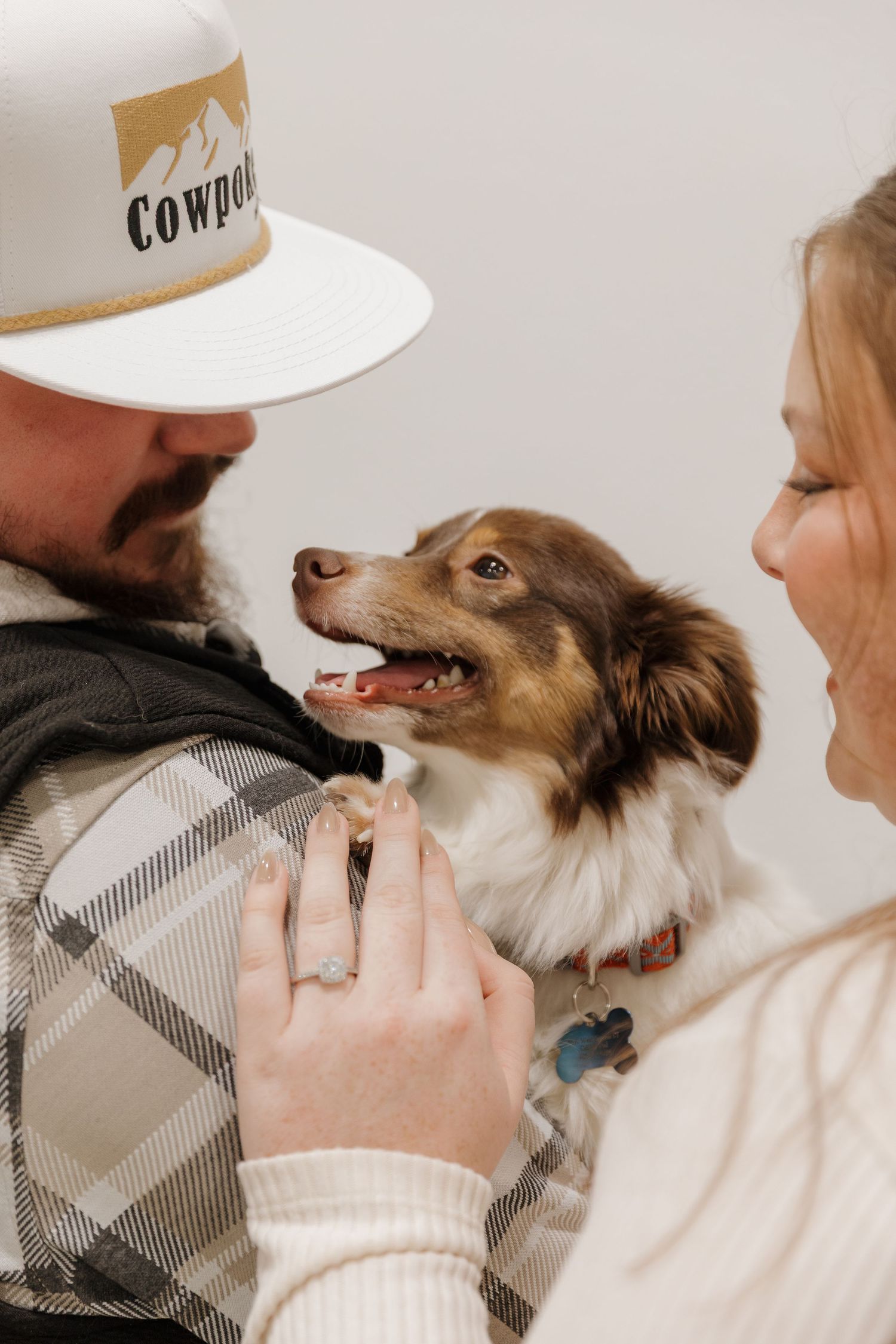 Couple playing with their Australian Shepherd dog against white background.