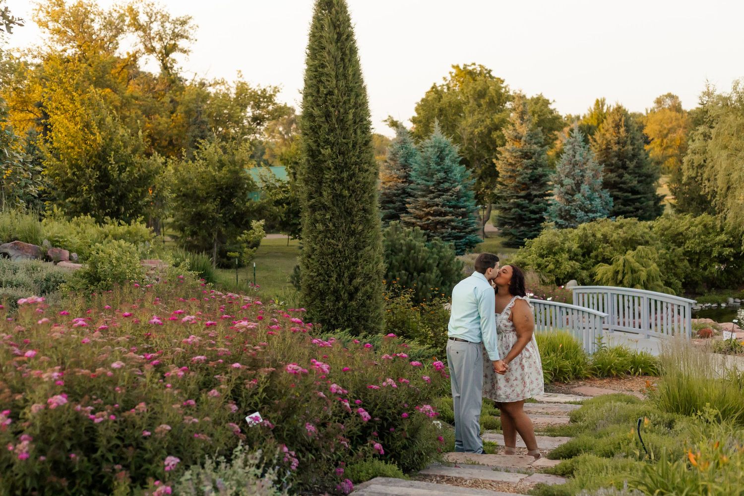 Beautiful garden path with blooming flowers and tall cypress trees in late summer sunlight.