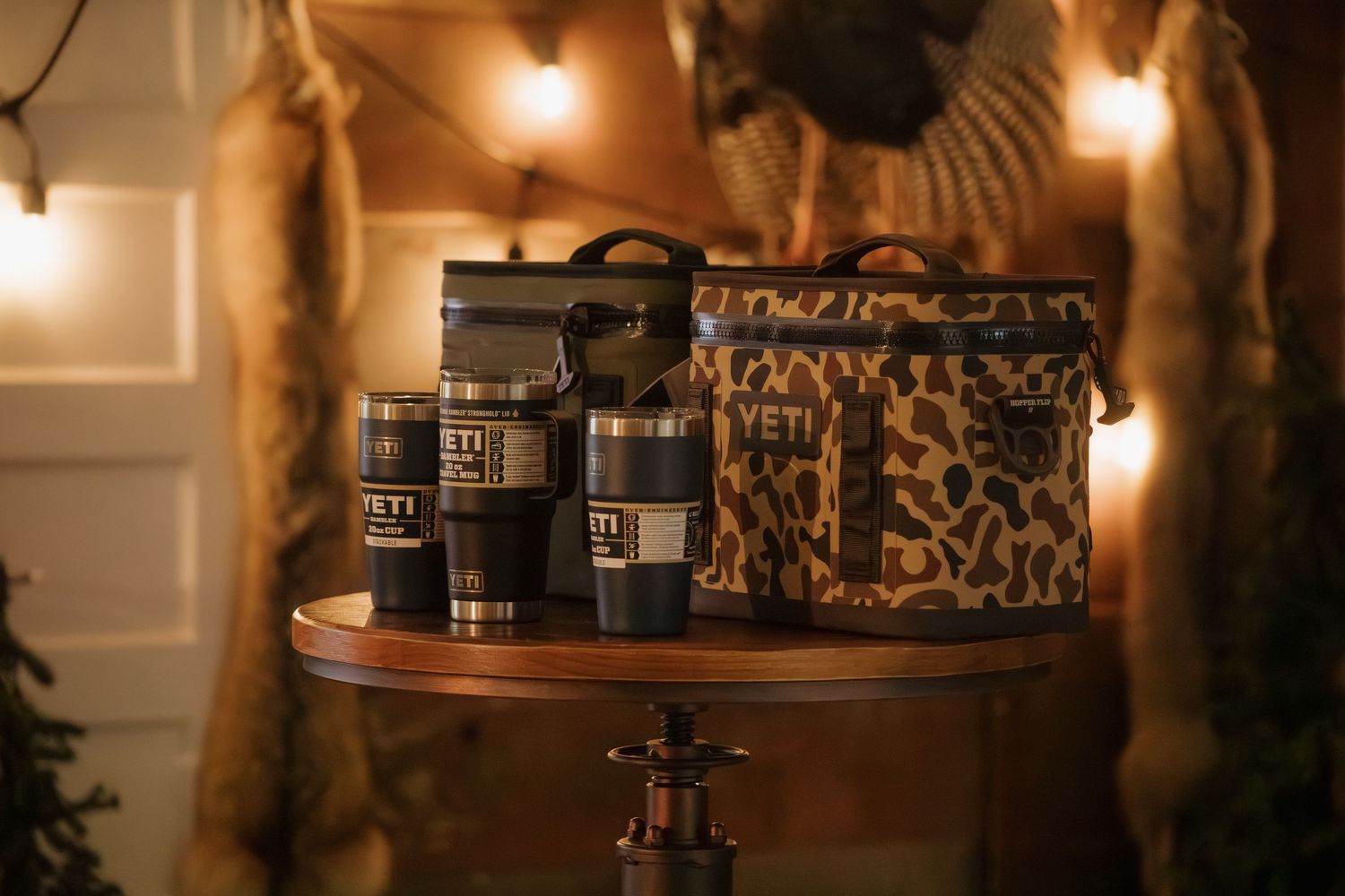 Rustic wooden shelves displaying branded merchandise and products in warm lighting.