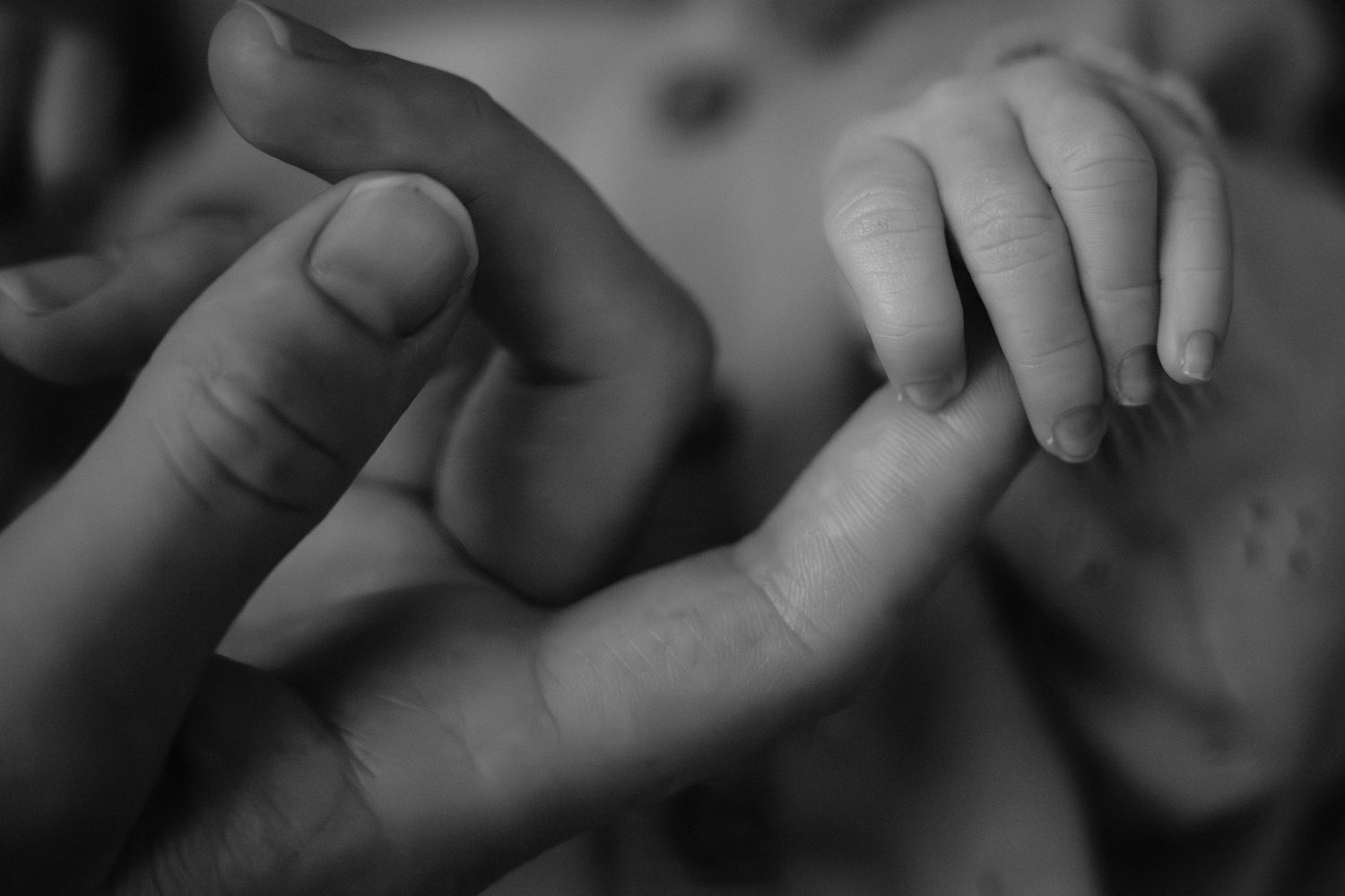 Black and white close-up of a newborn baby grasping an adult finger, symbolizing love and new life.