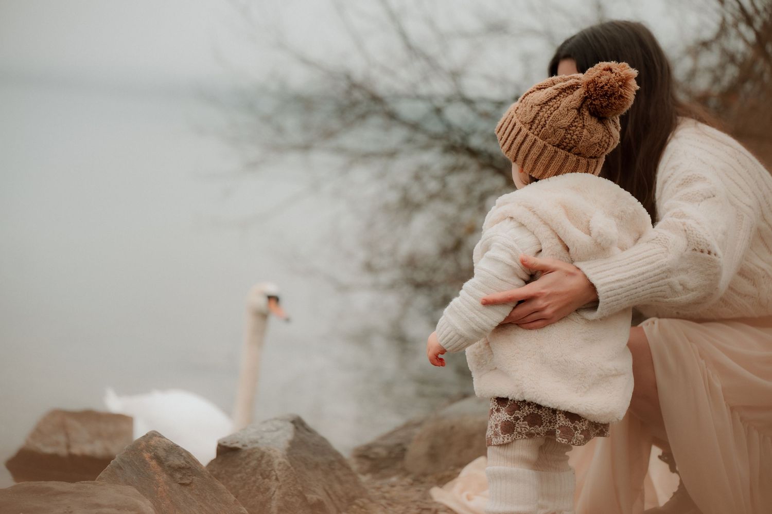 Mother holding toddler in knit hat by lakeside, watching a white swan near rocky shore on a misty day.