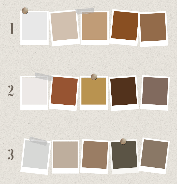 Three rows of Polaroid-style color swatches showcasing warm neutral and earthy brown tones for interior design palettes.