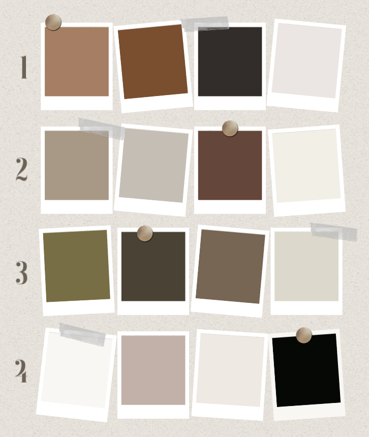 A mood board featuring earth-tone color swatches in browns, taupes, olive greens, and black arranged in a grid layout.