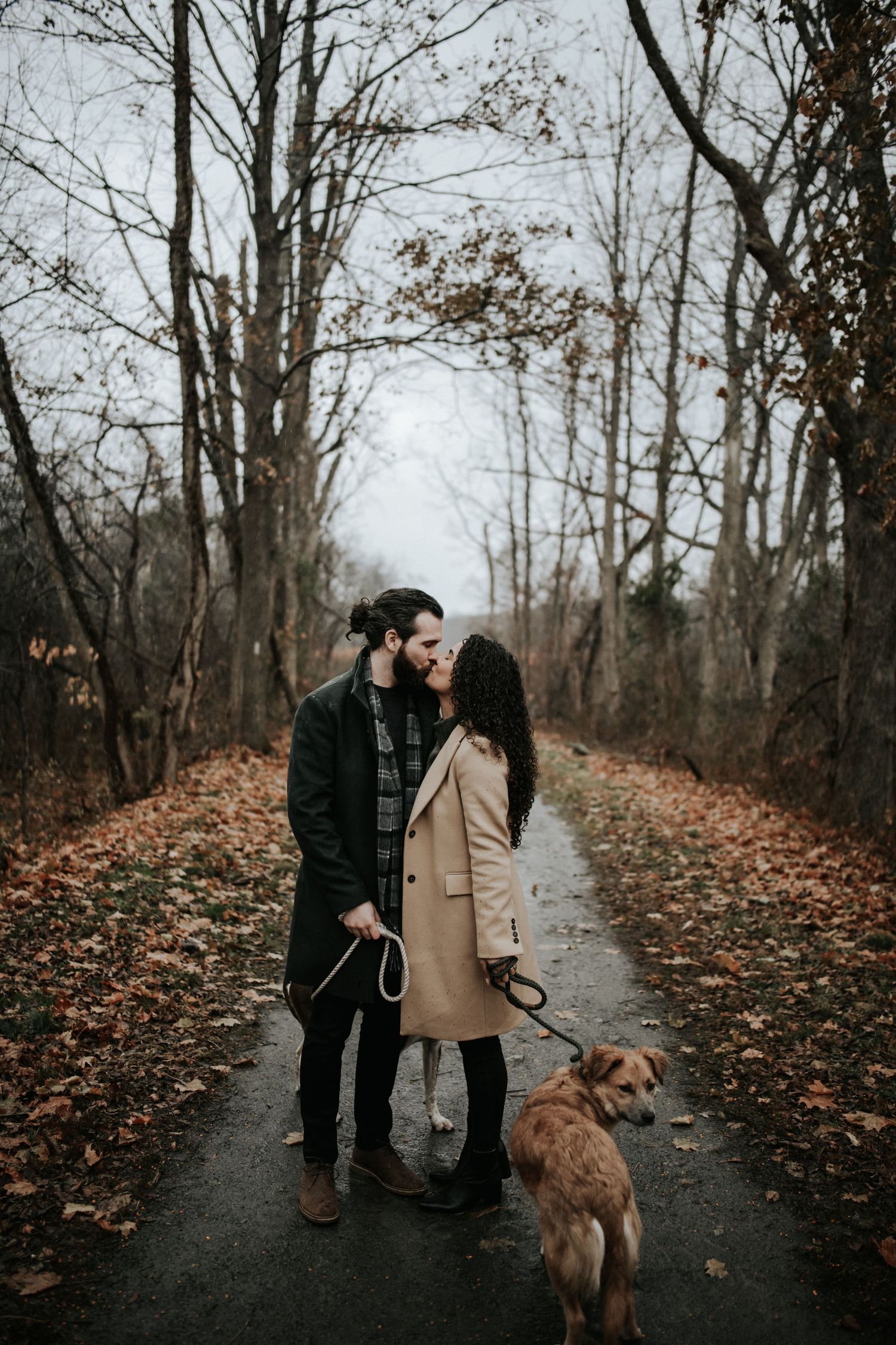 Couple walks with their golden retriever on a leaf-covered path through bare autumn trees.