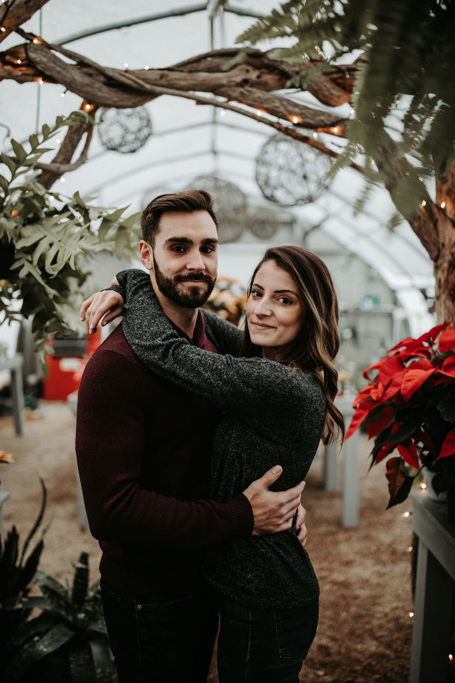 A winter engagement photoshoot with festive red decorations and natural greenery.