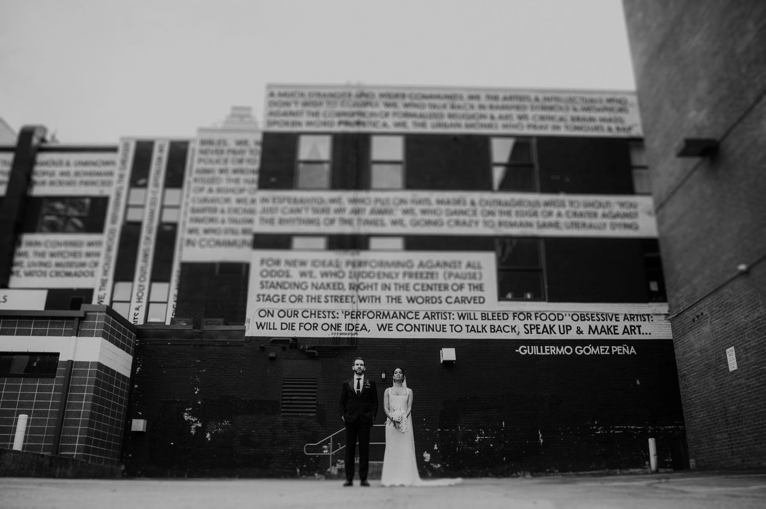 Black and white architectural detail shots of a modern building with text overlays.