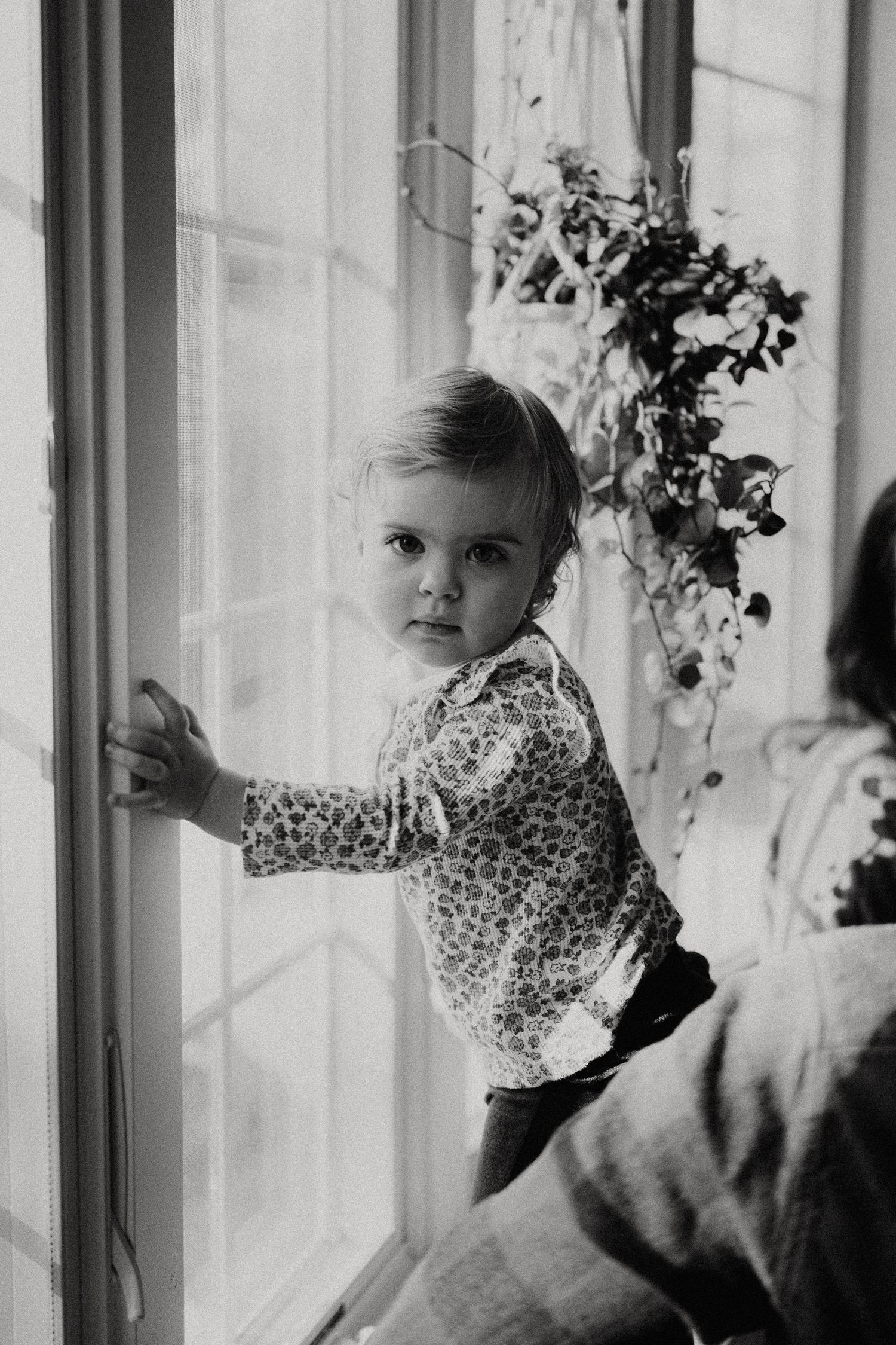 Series of black and white portraits by a bright window with floral decorations.