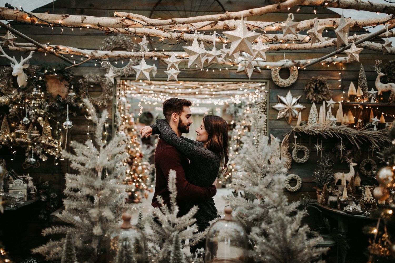 A festive holiday scene with twinkling lights and decorative winter arrangements.