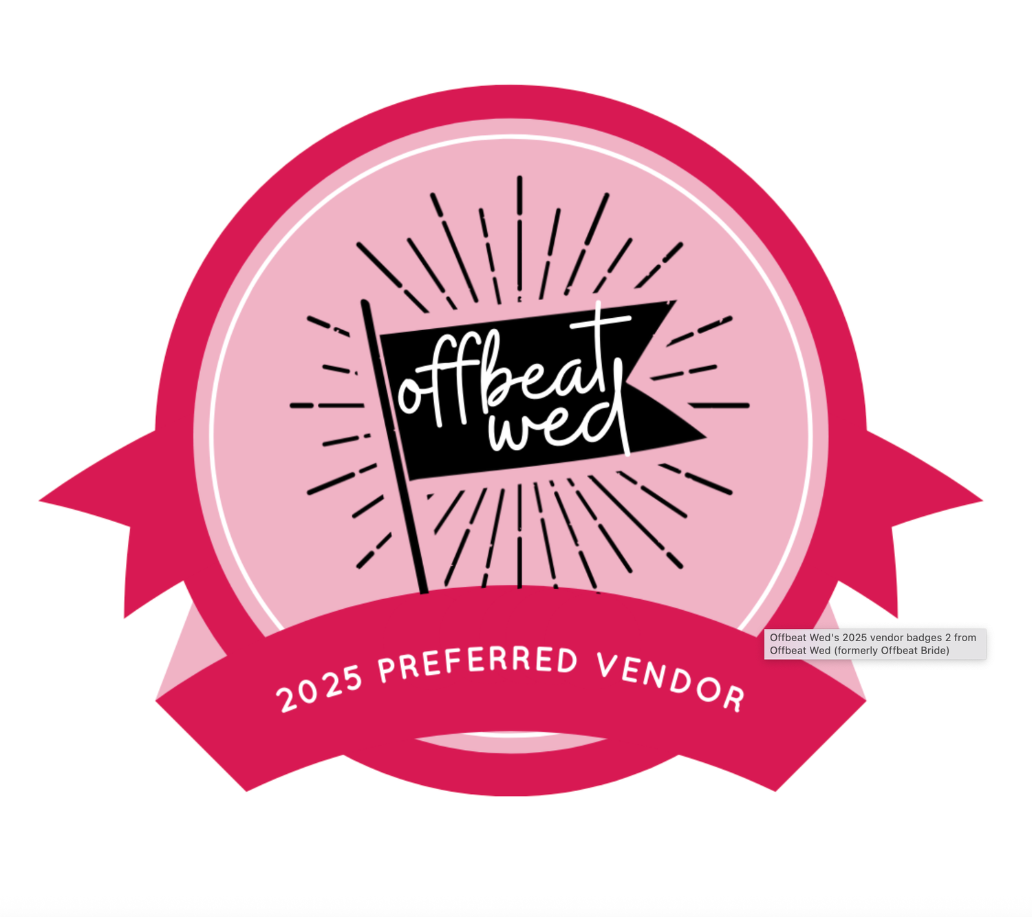 A pink circular badge with a black banner showing 