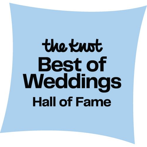 The Knot Best of Weddings Hall of Fame logo in black text on a light blue diamond-shaped background.