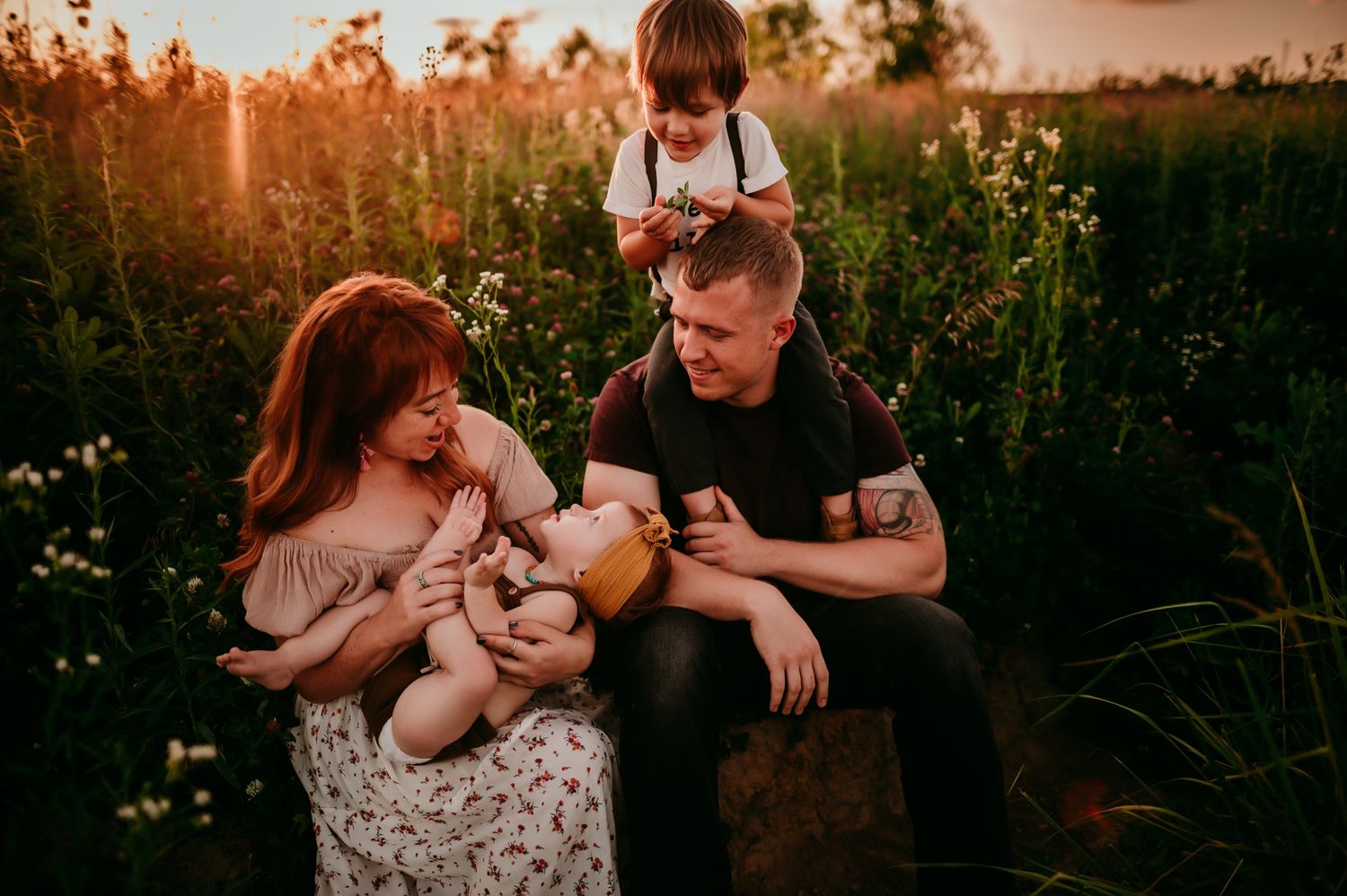 A couple embraces in a field at sunset with golden light filtering through wildflowers and tall grass.