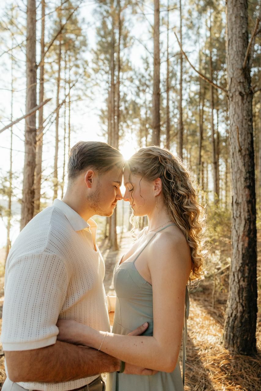 Romantic couple touching foreheads in tender embrace surrounded by tall pine trees in golden sunlight.