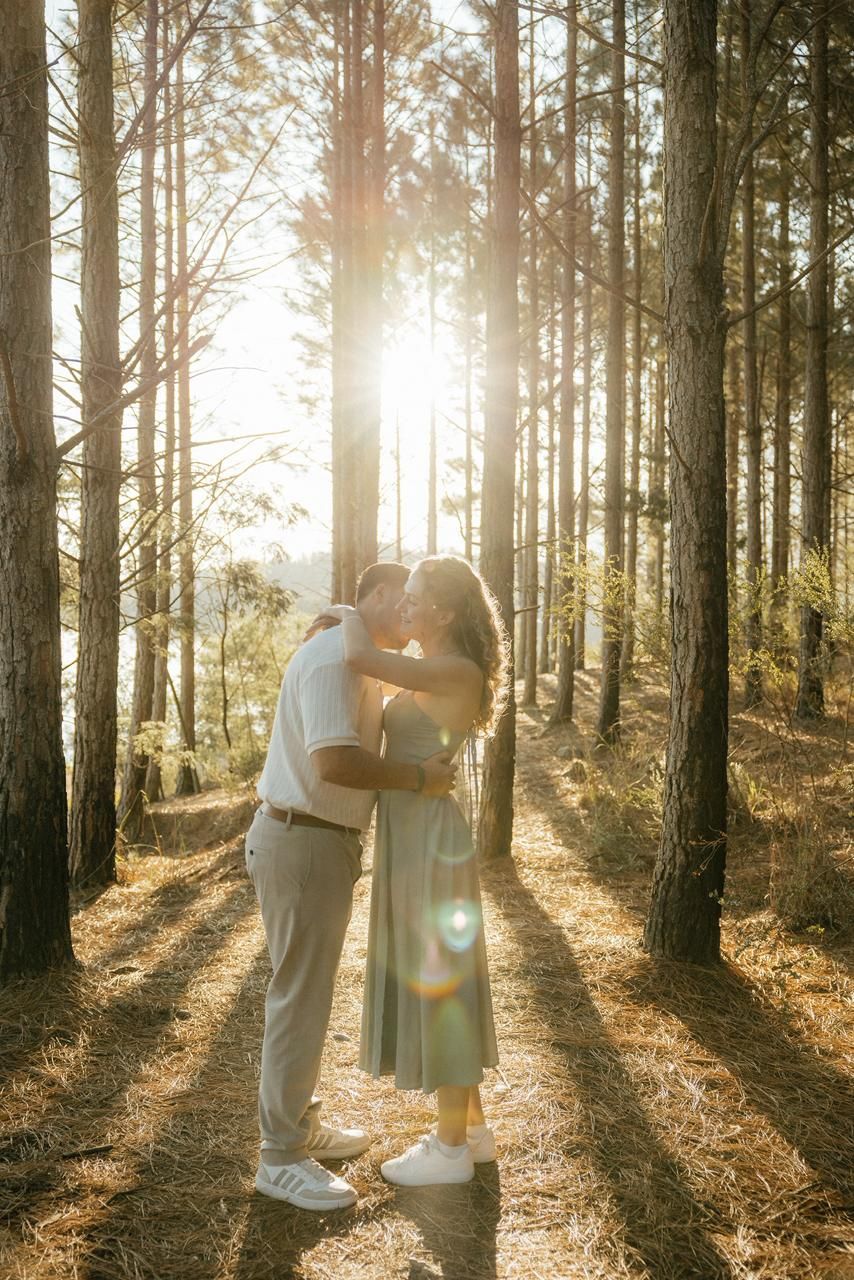 Couple kissing in a sun-drenched pine forest with warm golden light and lens flare effect.