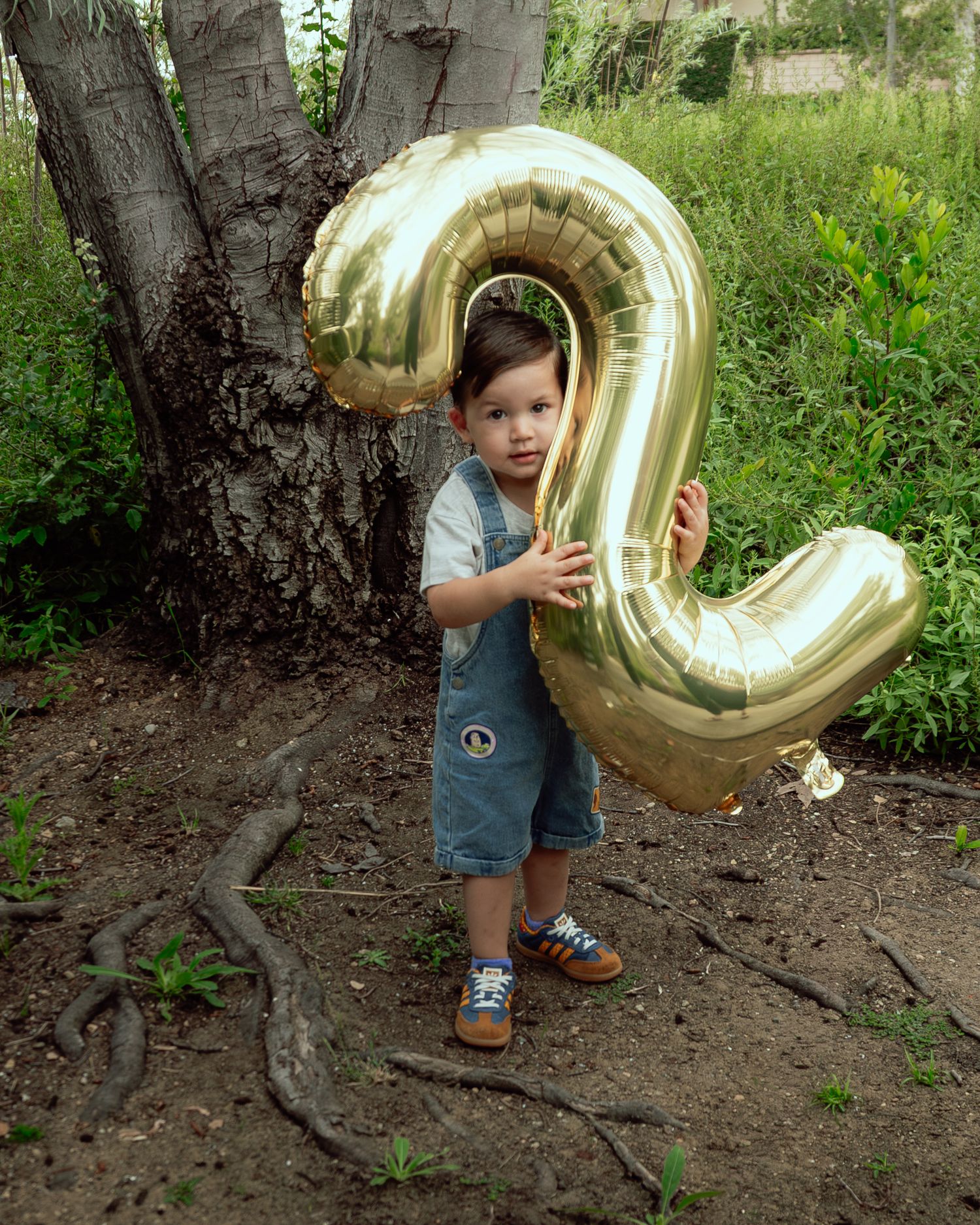 Toddler boy in denim overalls holding large gold number 2 balloon by a tree for second birthday photos.