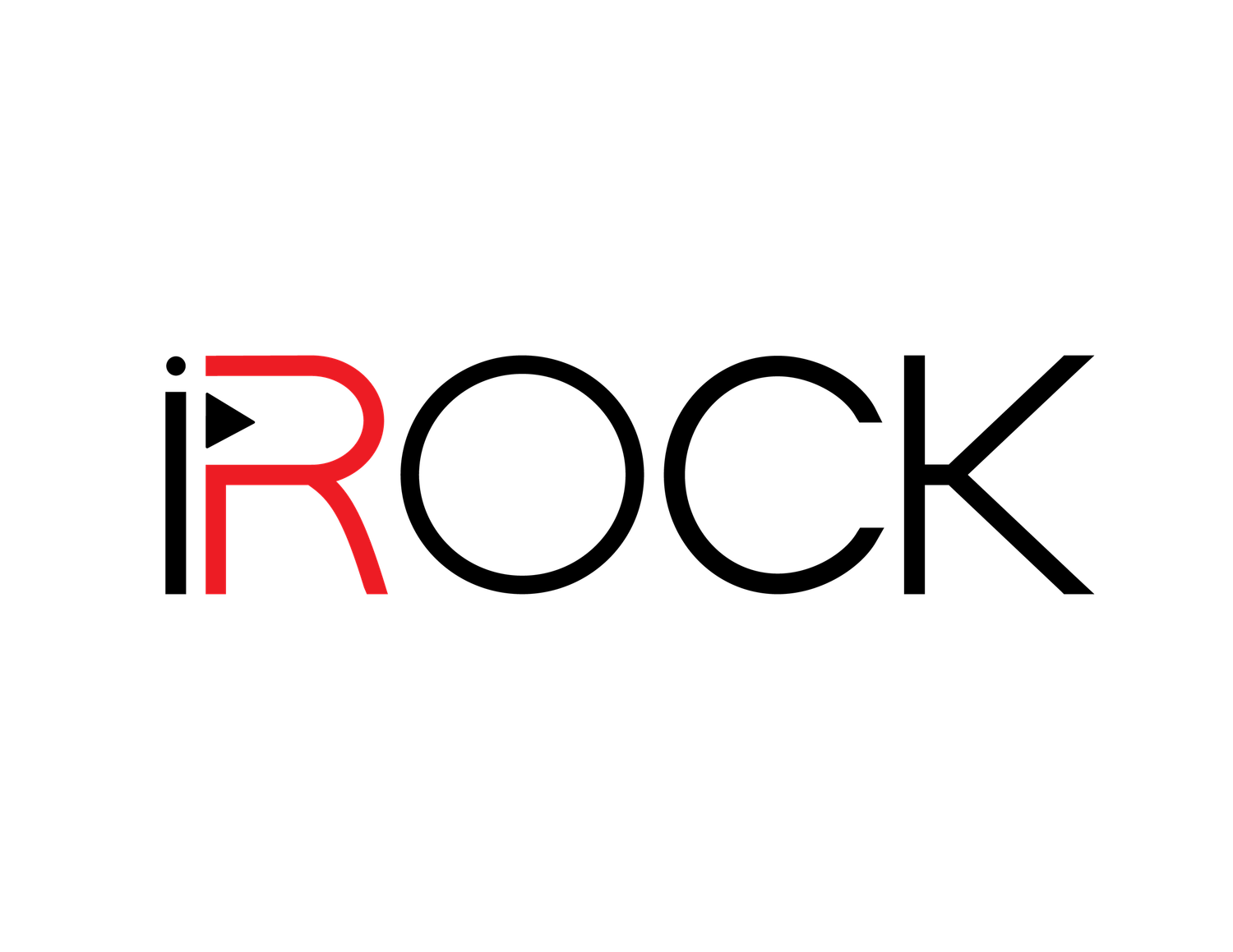 iRock modern logo with red and black lettering featuring a play button icon integrated into the design.