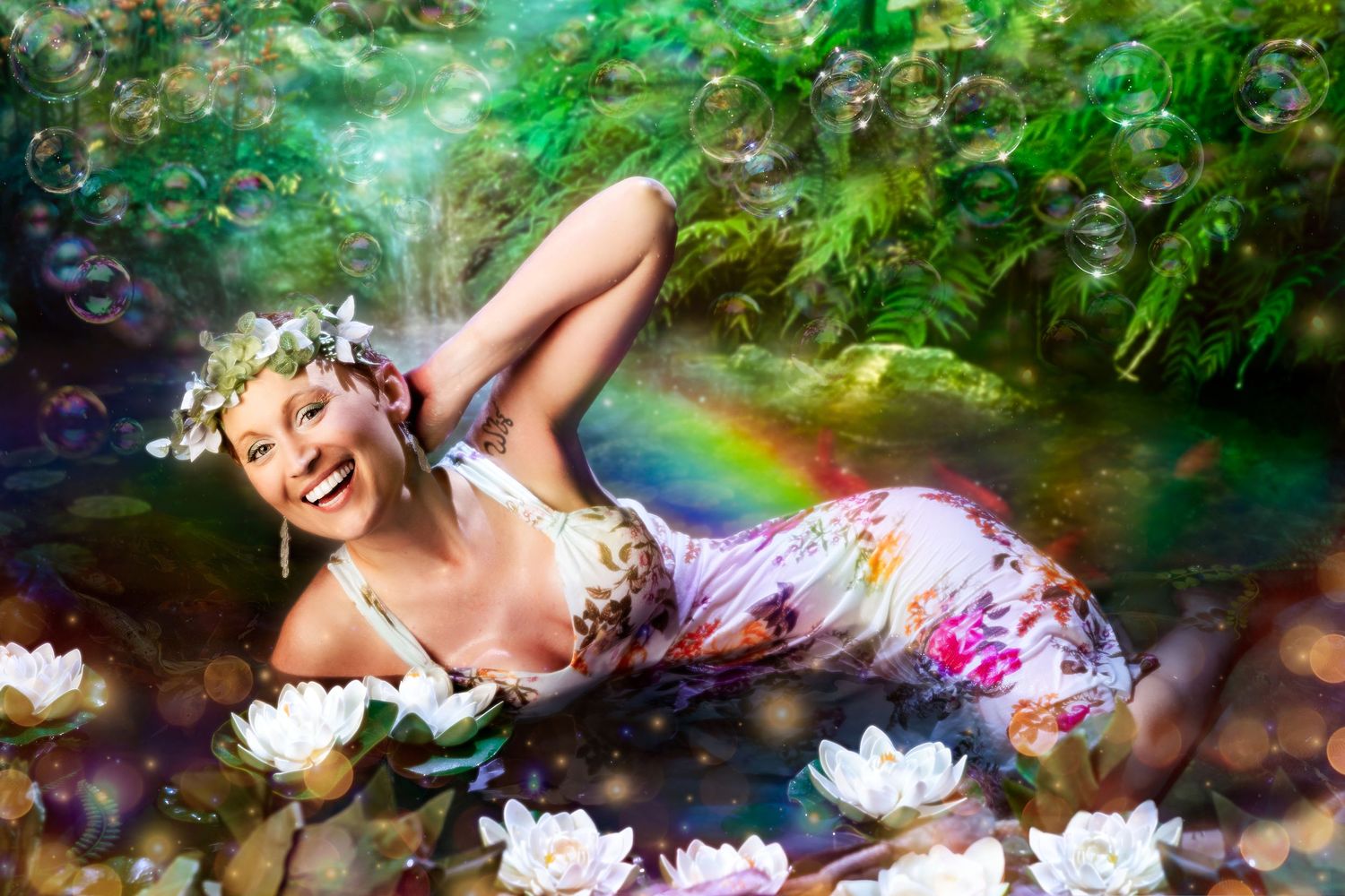 Joyful blonde woman in floral dress lying in enchanted stream with rainbow and bubbles.